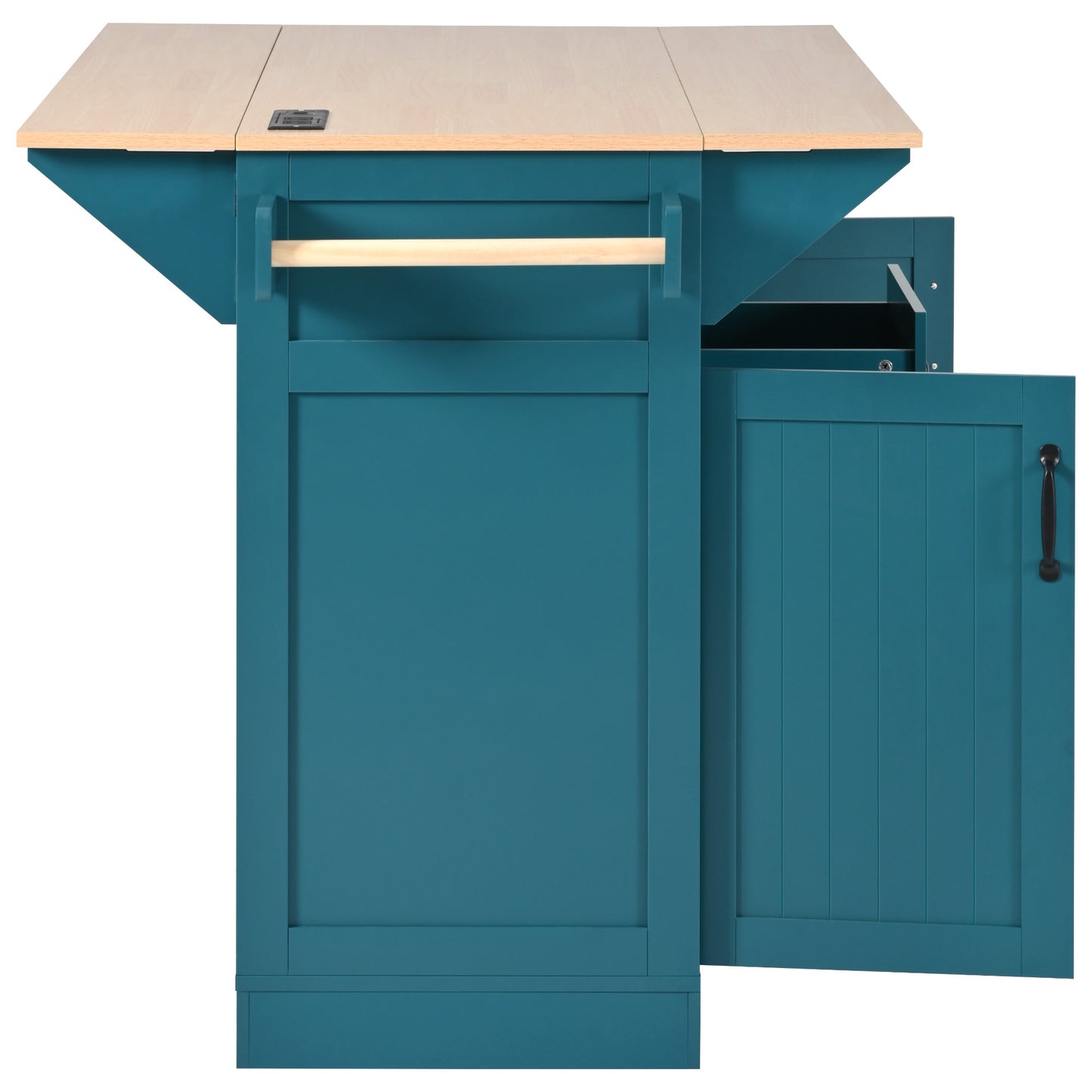 Teal kitchen island cart with drop leaf extension and integrated power outlet