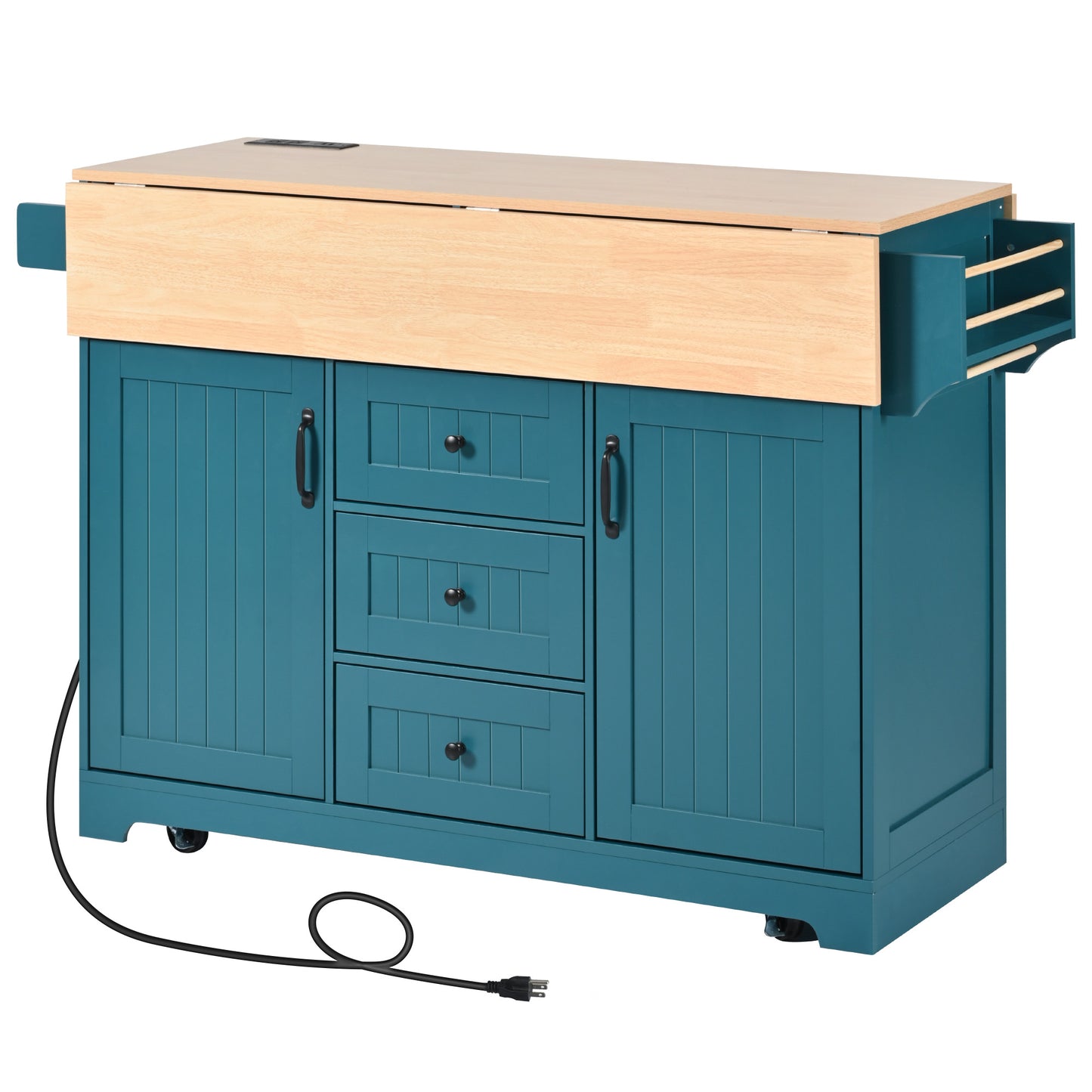 Teal kitchen island with wood countertop and flipup extension featuring drawers and cabinets