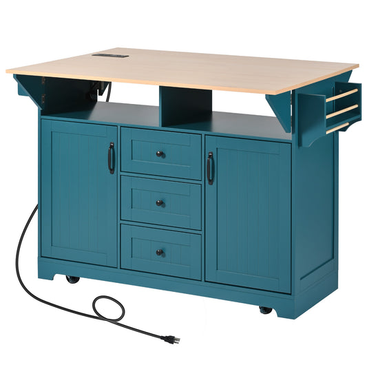 Teal kitchen island with wood top three drawers and cabinet storage
