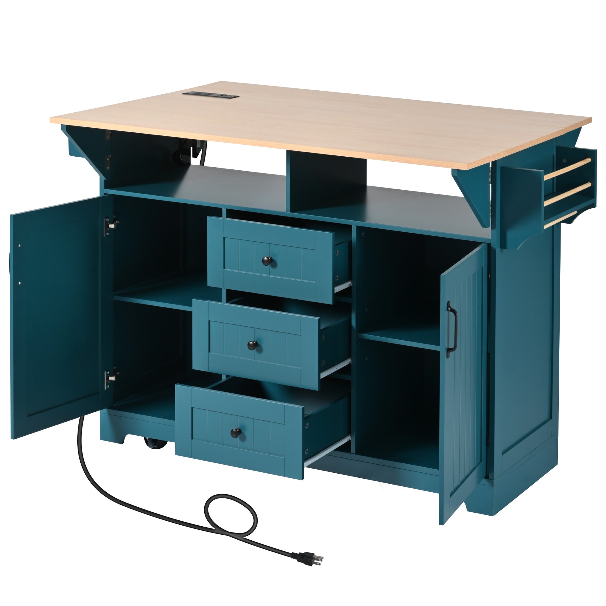Teal kitchen island with light wood top three drawers and cabinet storage