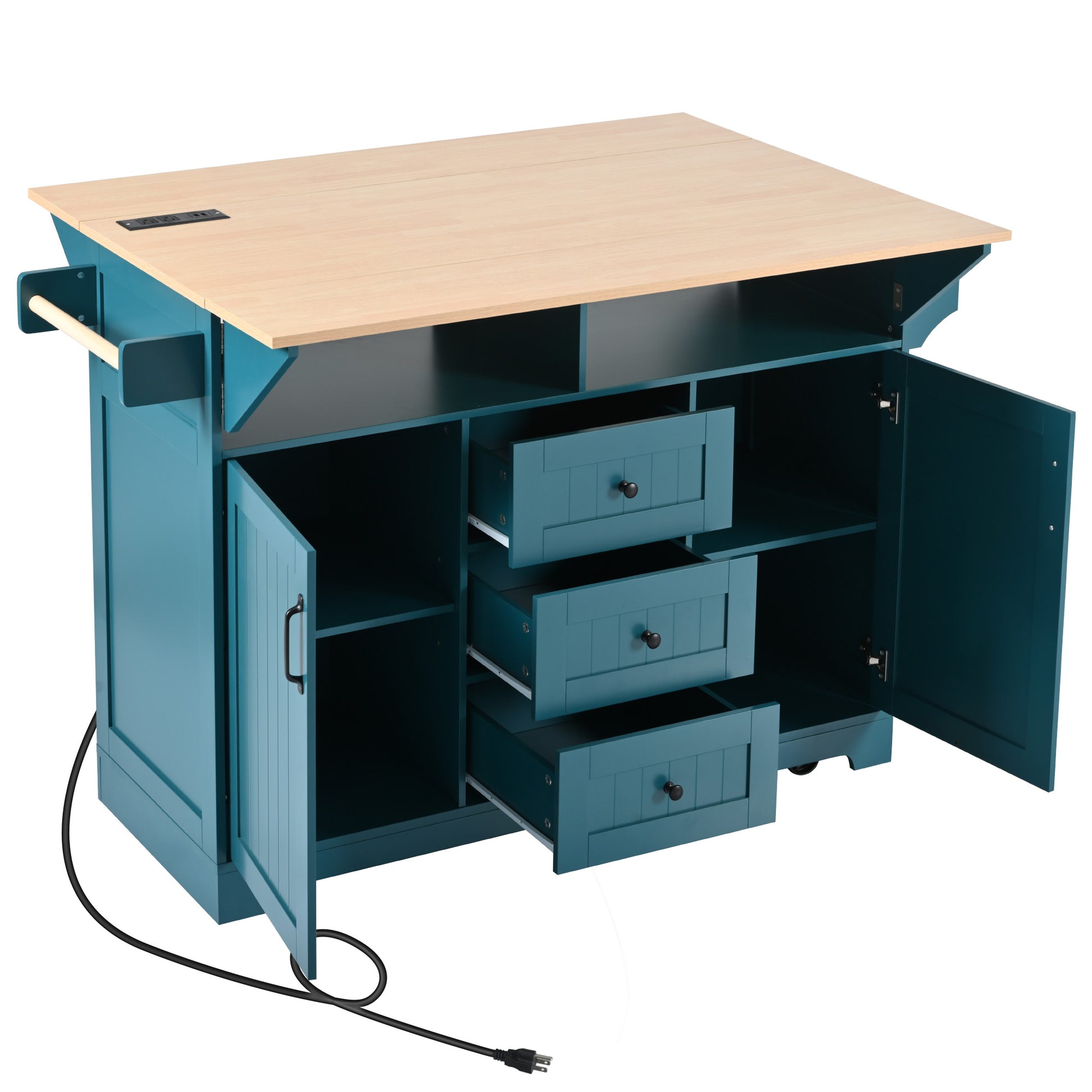 Teal kitchen island with light wood countertop drawers and builtin power outlet