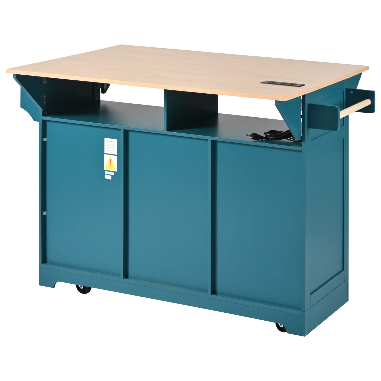 Teal kitchen island with butcher block top and builtin power outlet