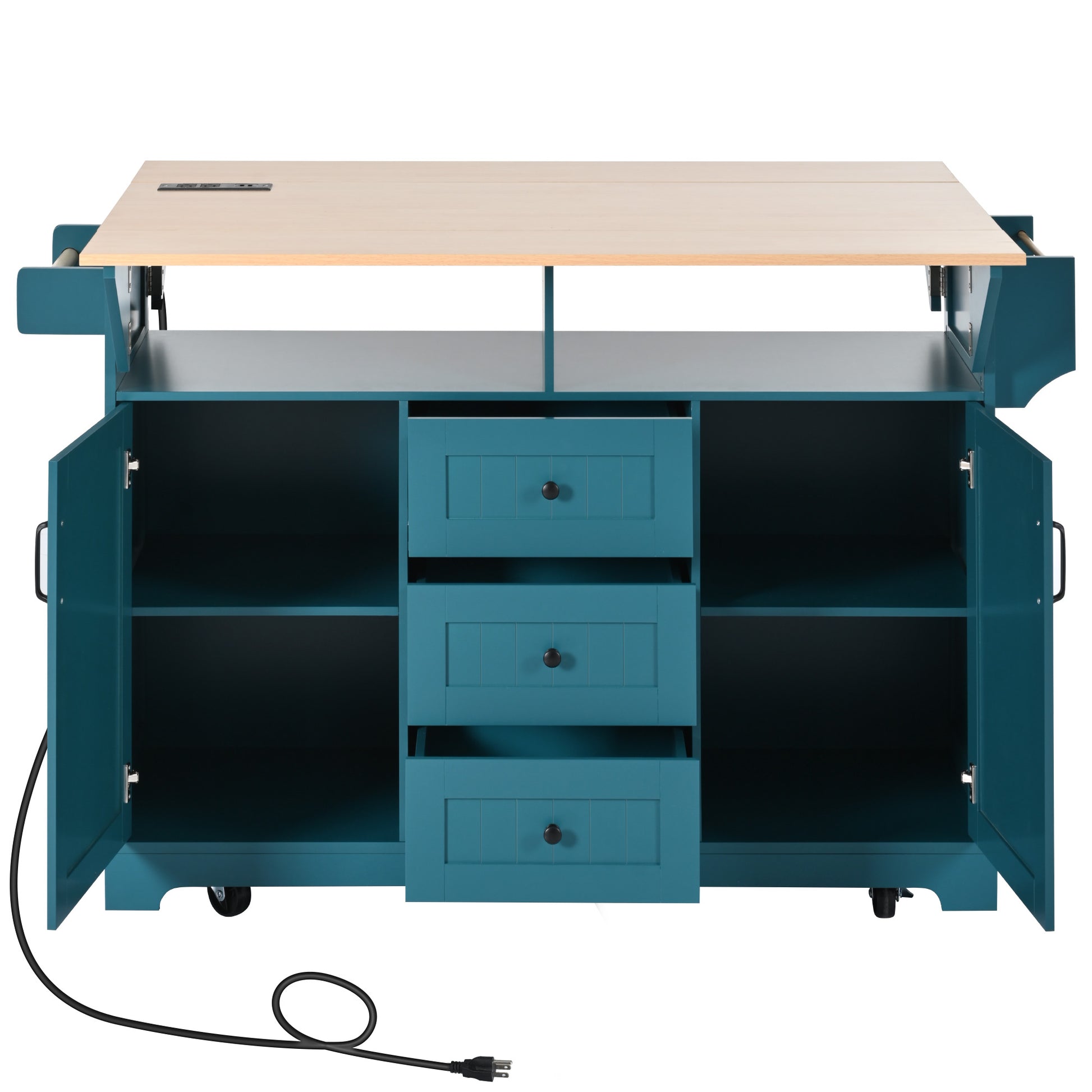 Teal kitchen island with a foldout wood top and storage drawers perfect for small spaces