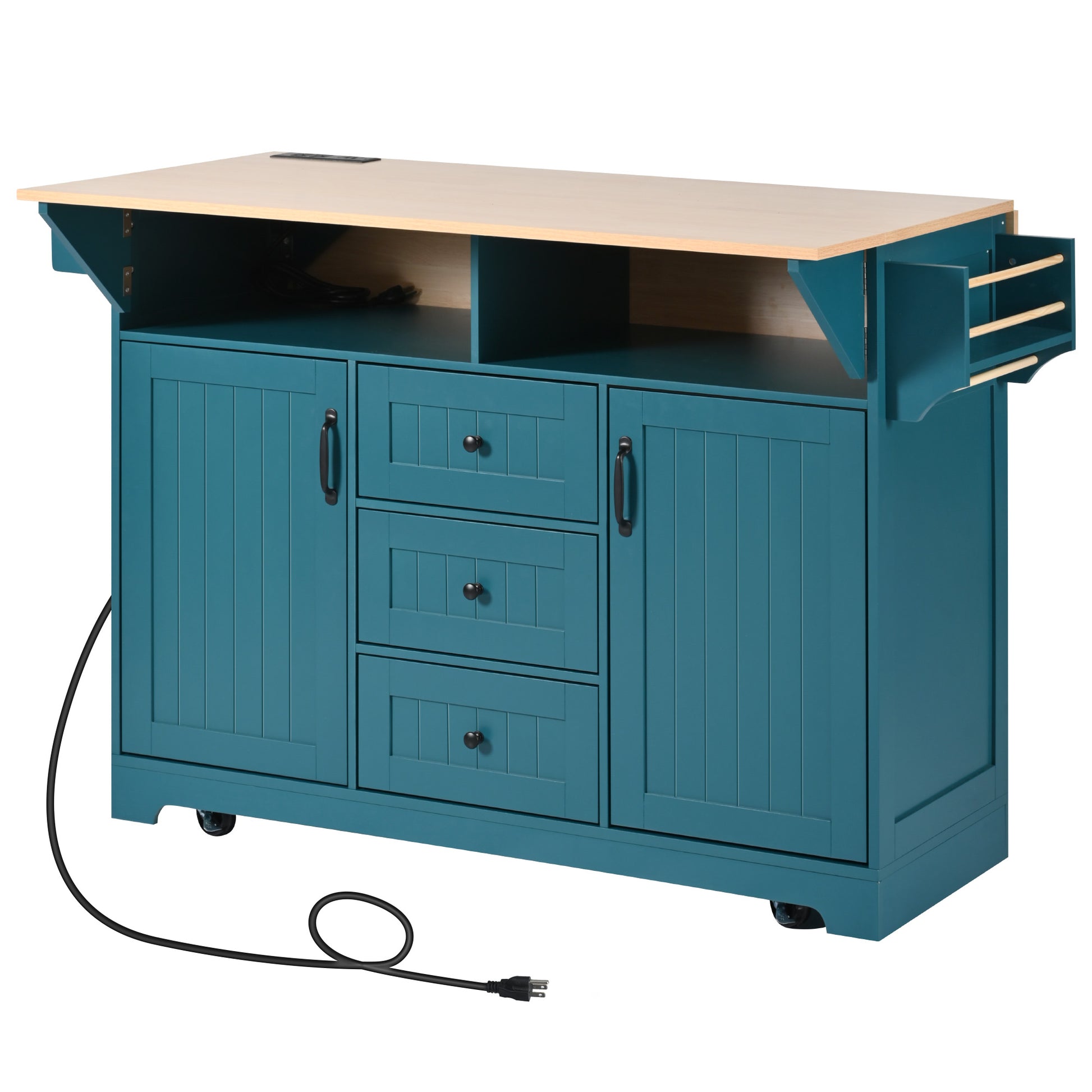 Teal kitchen island with light wood top three drawers two cabinets and builtin power outlet
