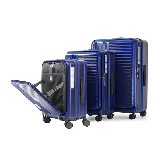 Three navy blue hardshell suitcases in varying sizes one open revealing interior straps
