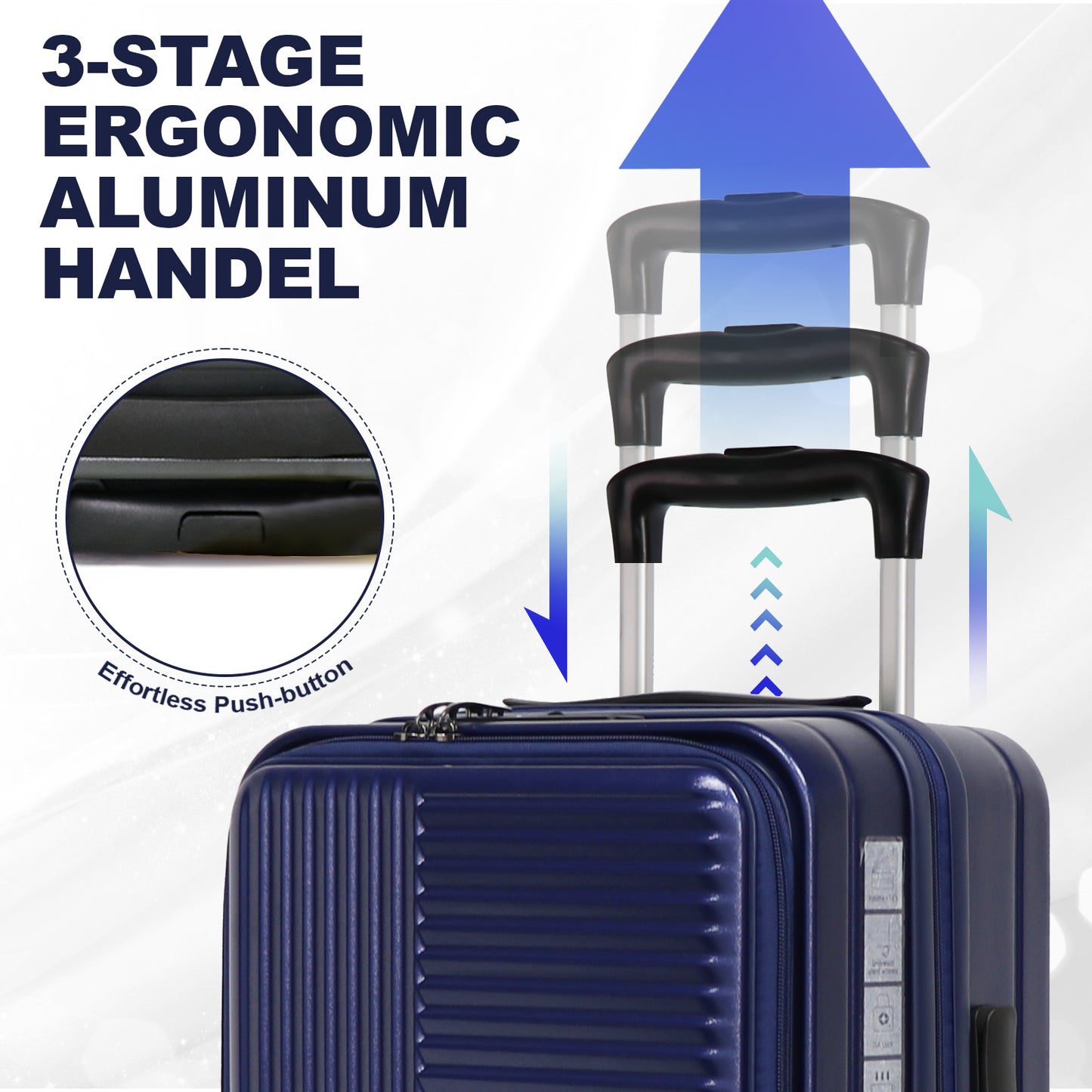 Dark blue suitcase with a stage ergonomic aluminum handle featuring pushbutton release