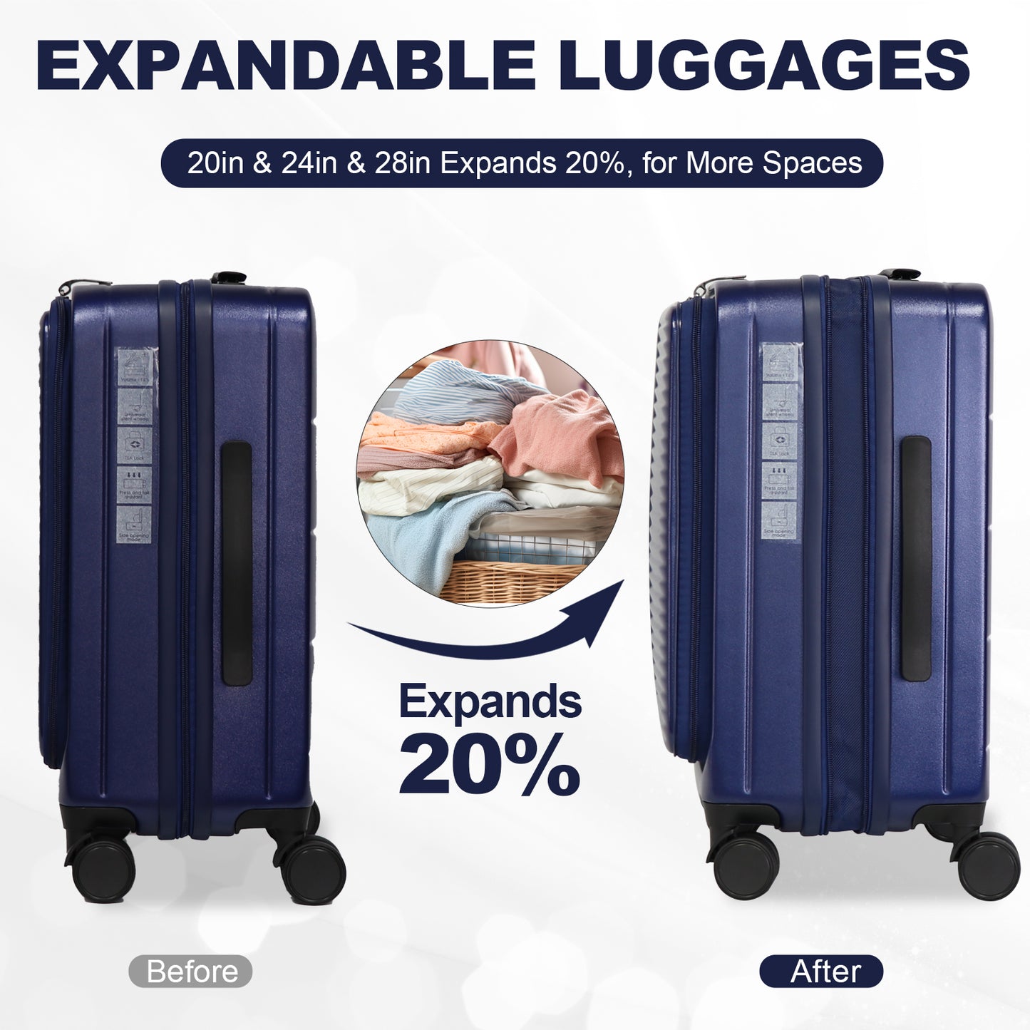 Dark blue expandable luggage with TSA lock shown before and after  expansion