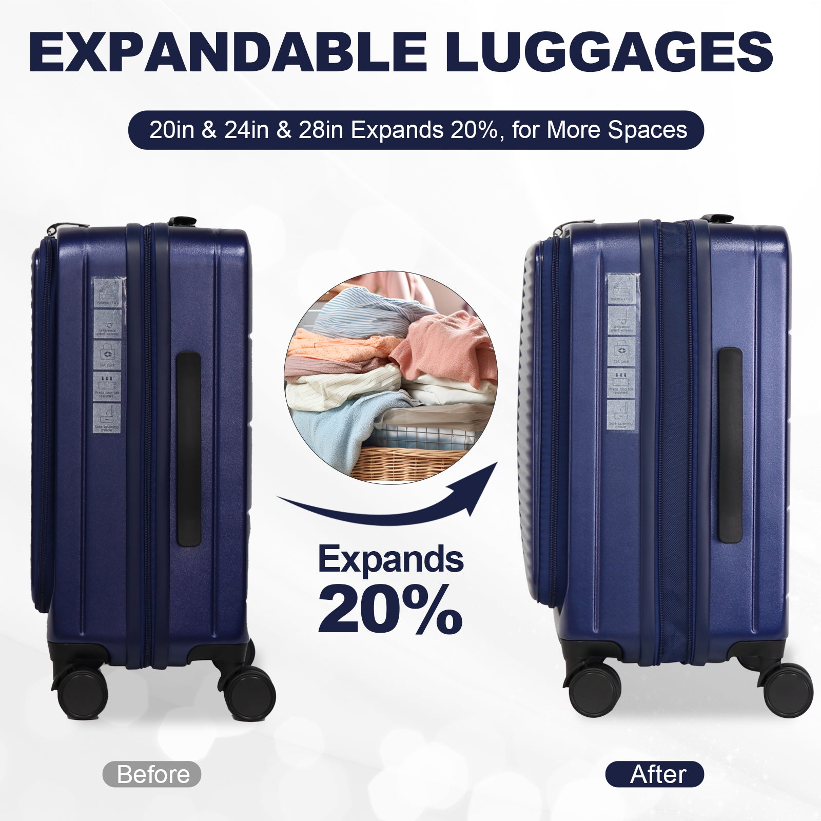 Dark blue expandable luggage with TSA lock shown before and after  expansion