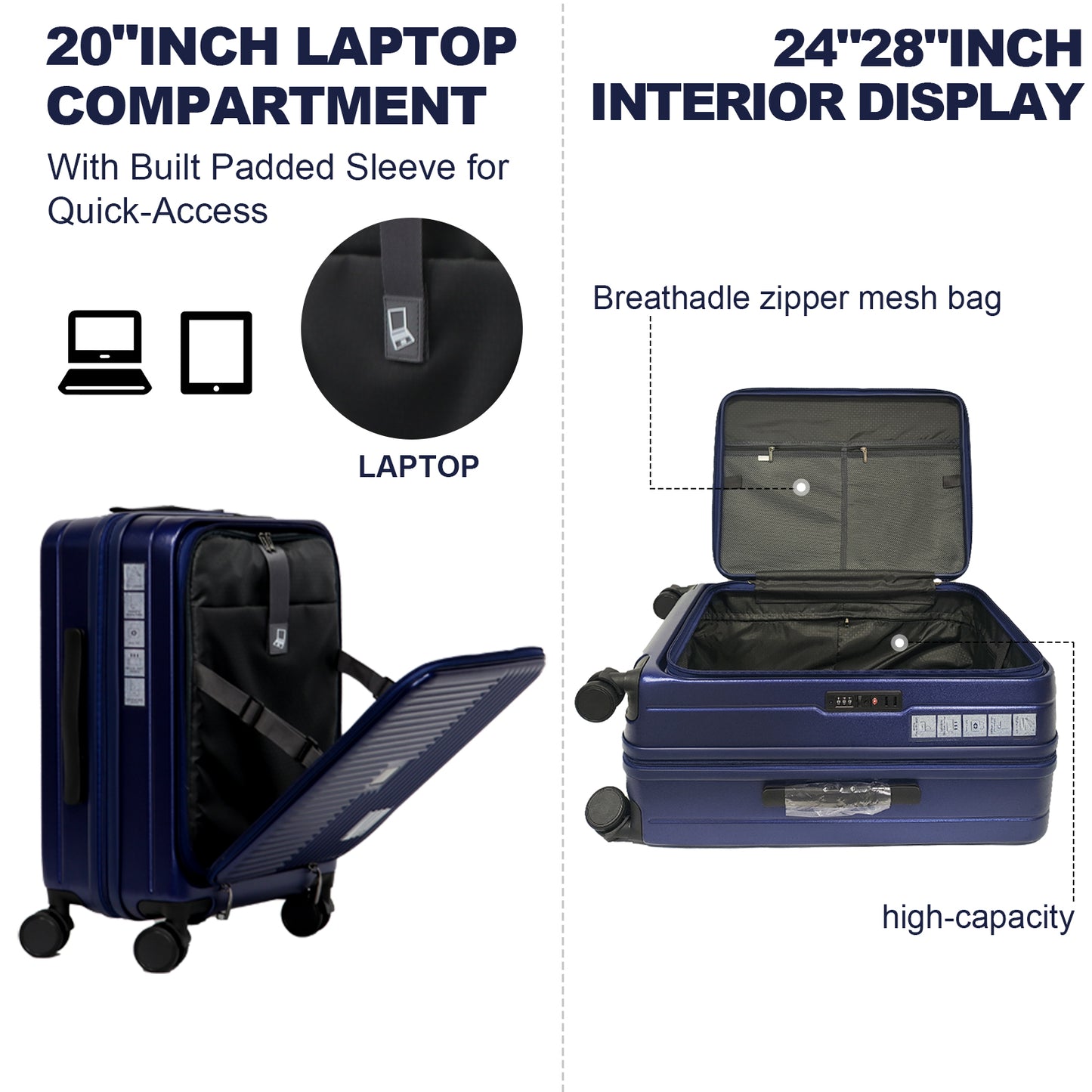 Navy blue hardshell suitcase with open compartment for laptop