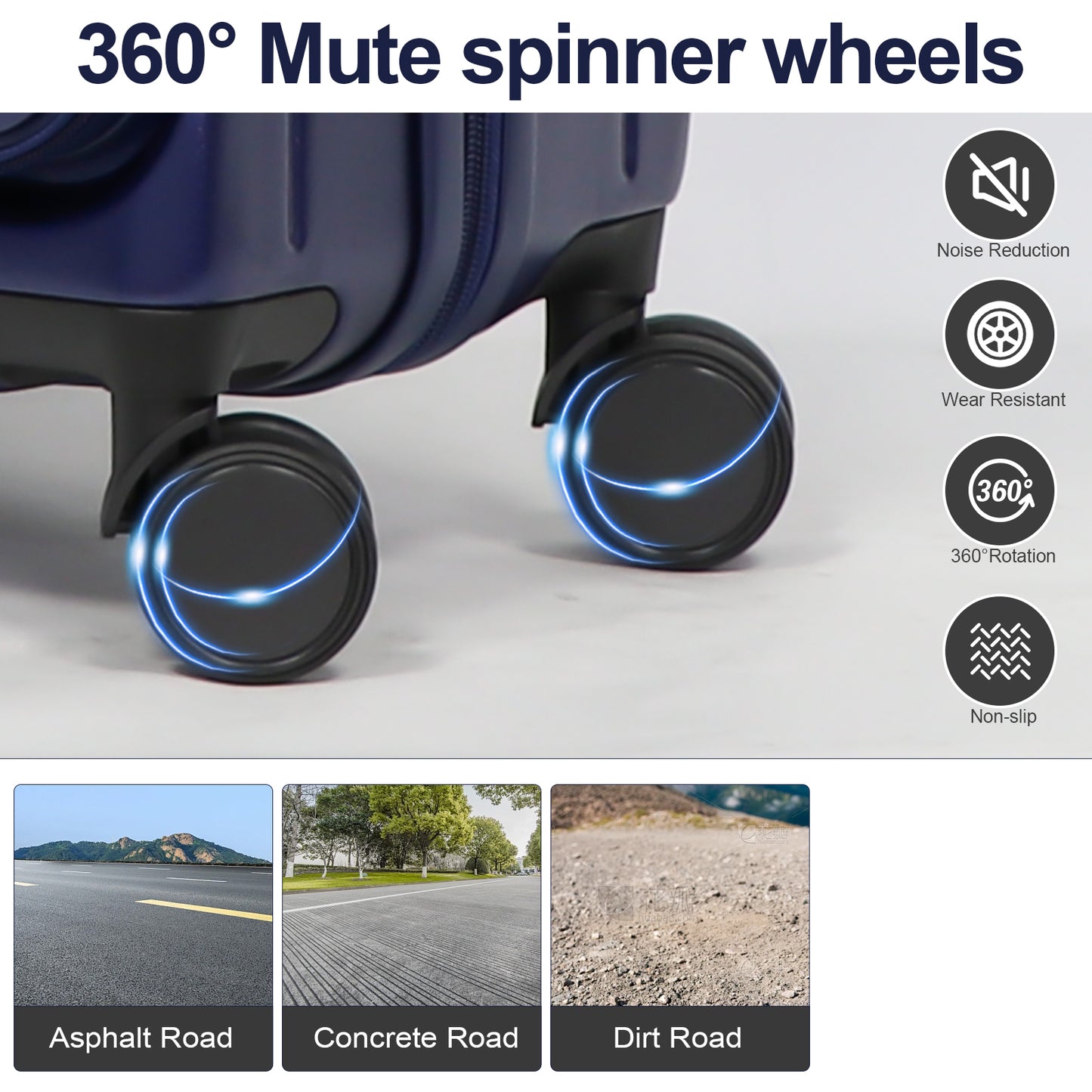 Dark blue luggage features quiet wearresistant spinner wheels with degree rotation for smooth travel