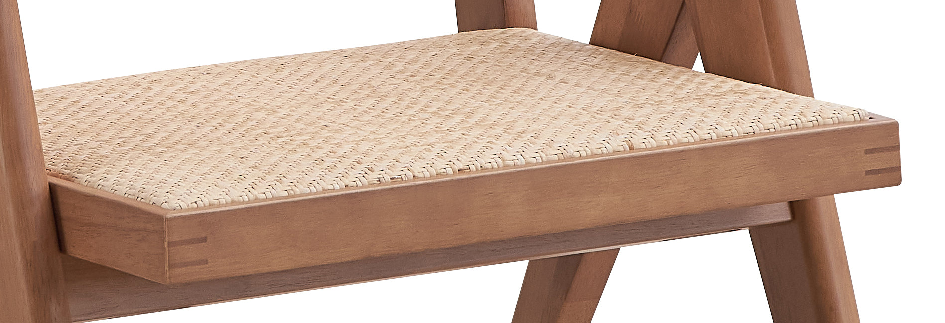 Closeup of woven rattan stool seat with wooden frame