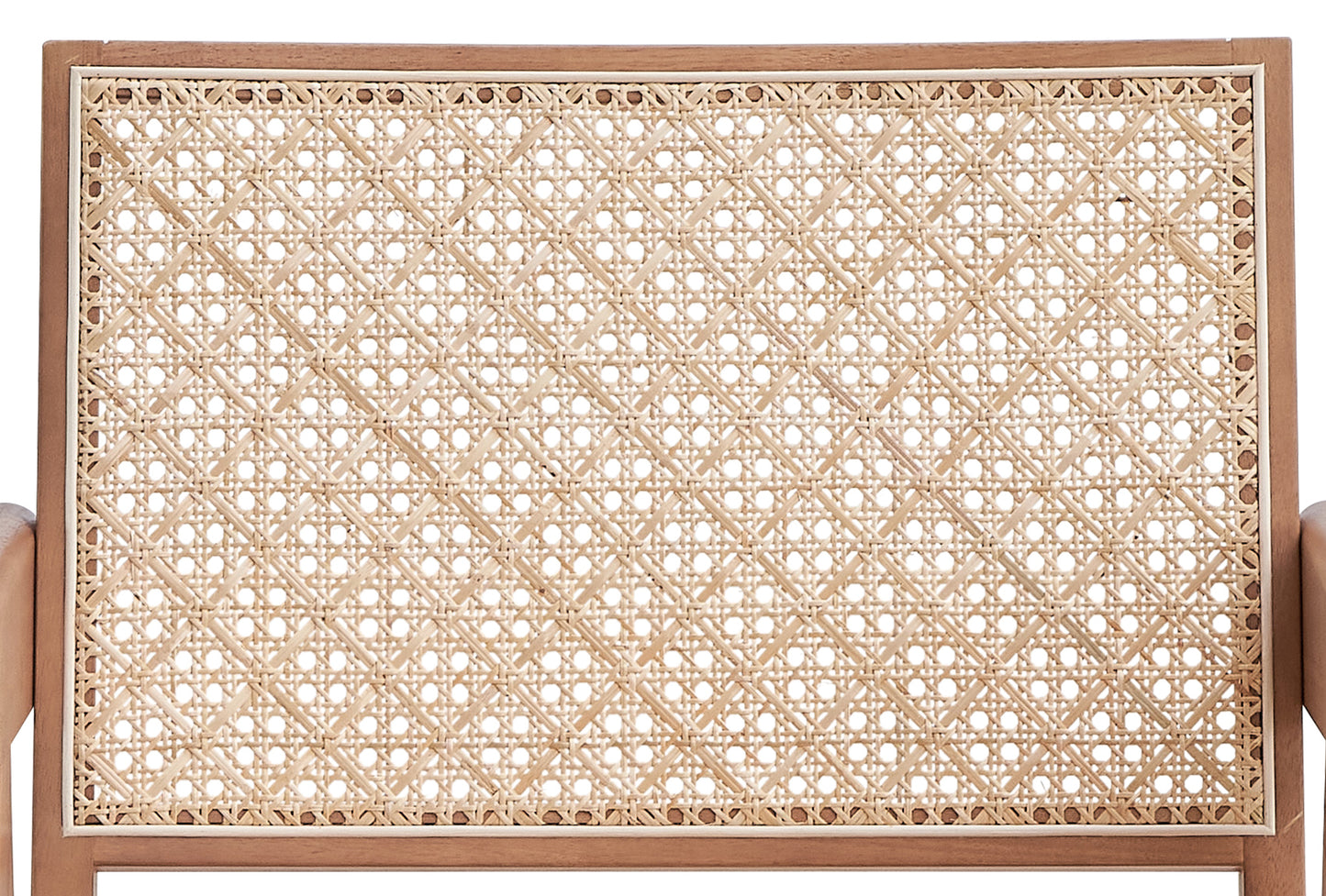 Closeup of natural rattan woven pattern on a wooden chair back