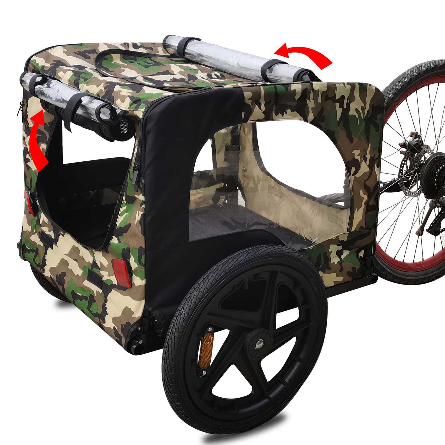 Camouflage bicycle cargo trailer with two wheels and adjustable canopy perfect for hauling gear
