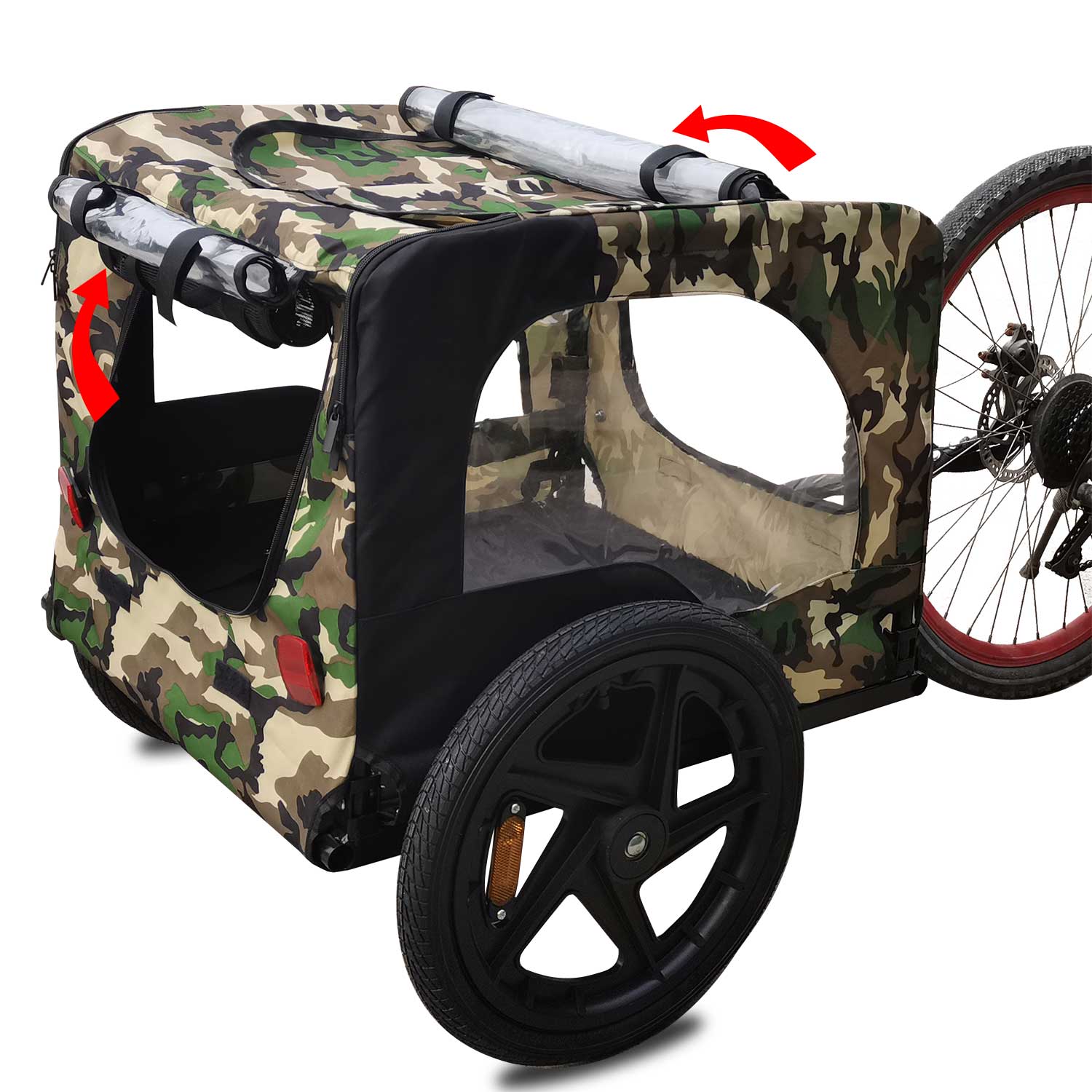 Camouflage bicycle cargo trailer with two wheels and adjustable canopy perfect for hauling gear