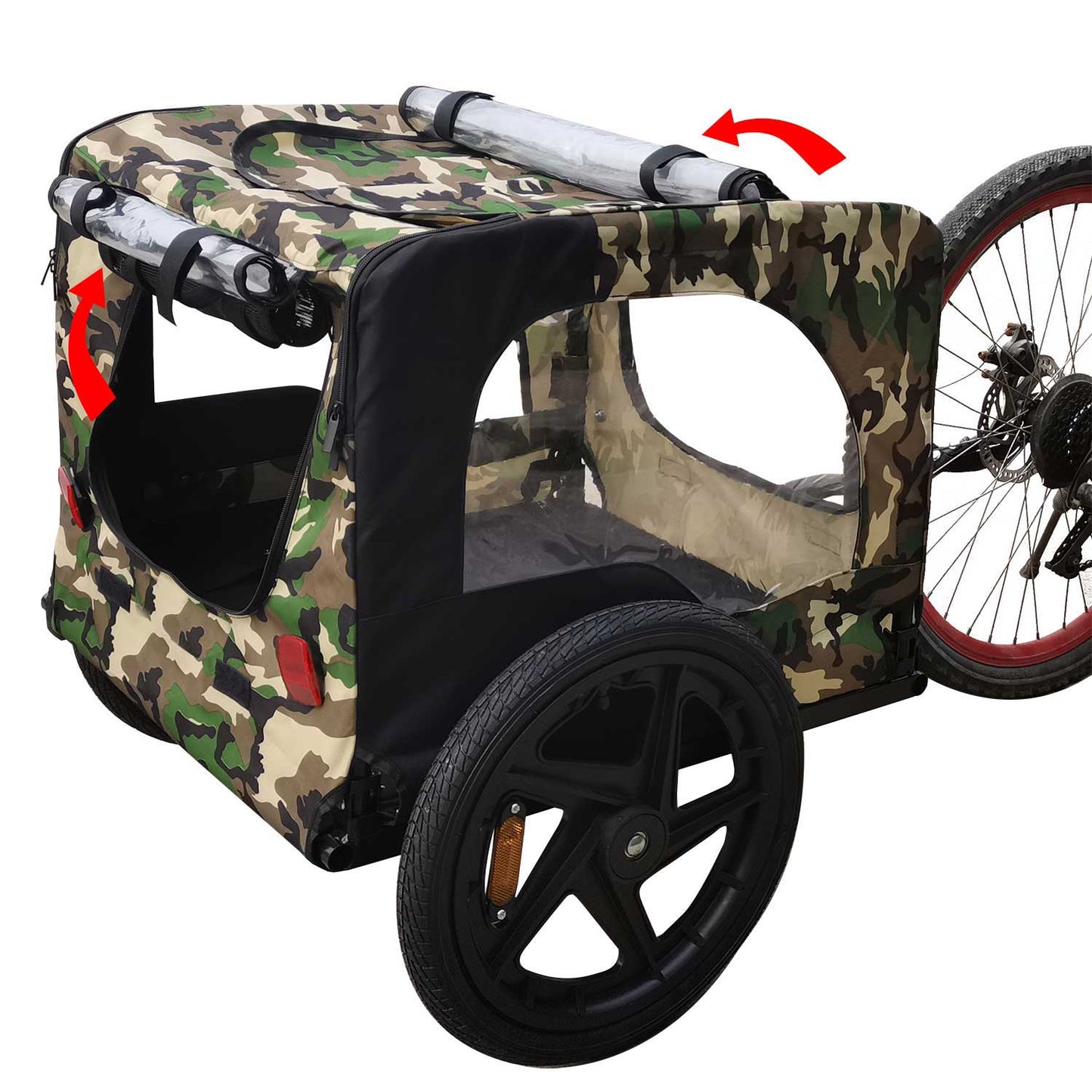 Camouflage dog trailer with rolled up canopy windows ready for outdoor adventures