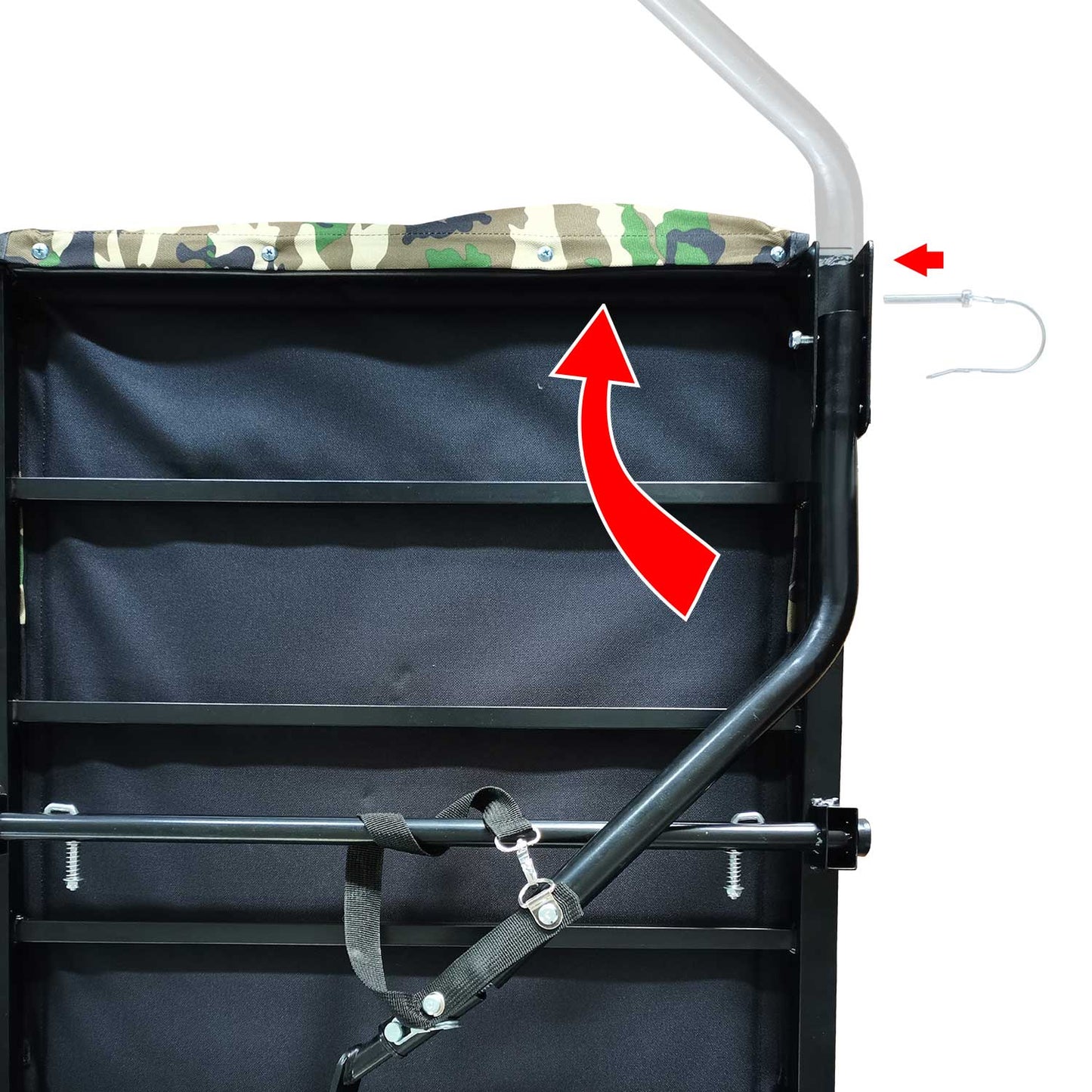Camouflage fabric trim on black utility wagon with metal frame and strap