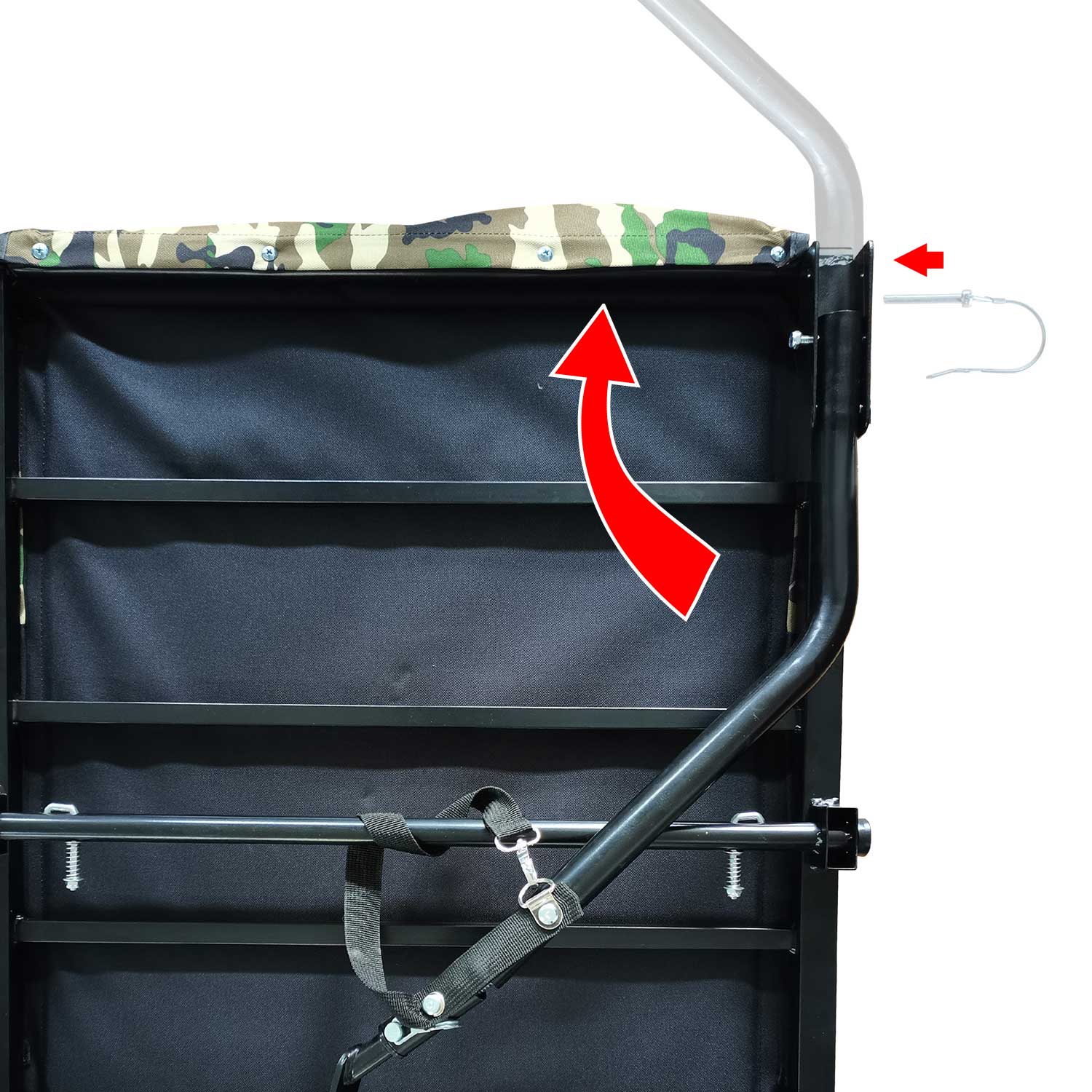 Camouflage fabric trim on black utility wagon with metal frame and strap
