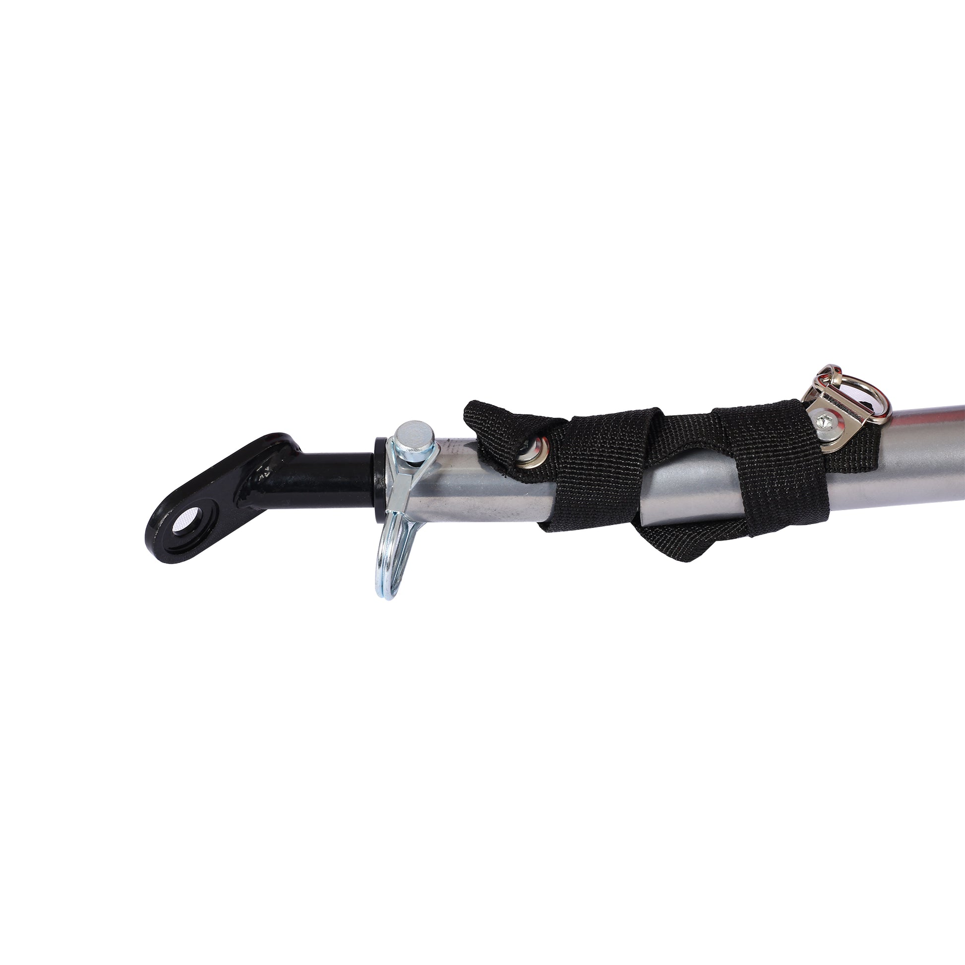 Silver bike trailer hitch with black strap and metal Dring connector