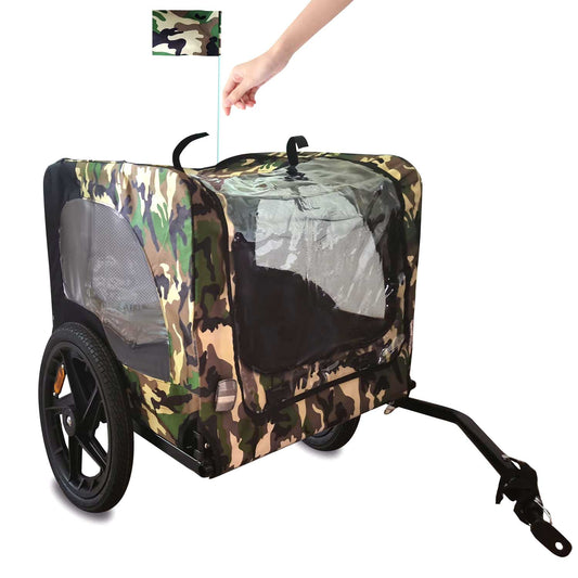 Camouflage dog trailer for pets with clear windows and reflective accents