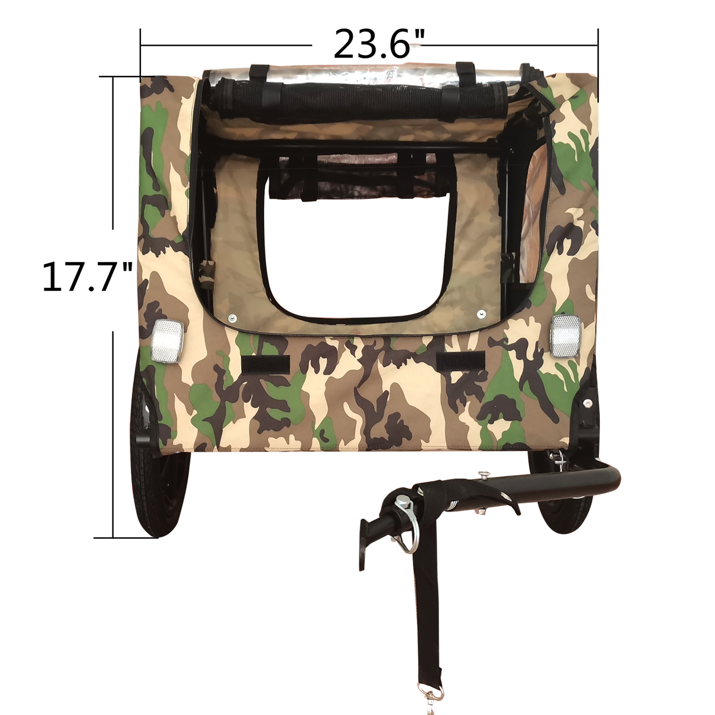 Camouflage pet stroller with black accents featuring a visible hitch and reflective elements