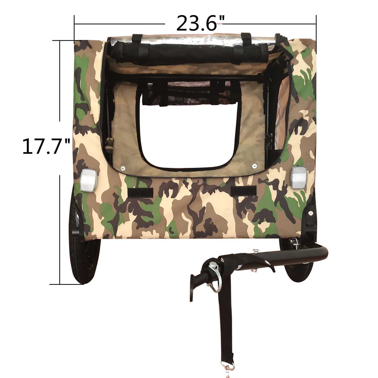 Camouflage pet stroller with black accents featuring a visible hitch and reflective elements