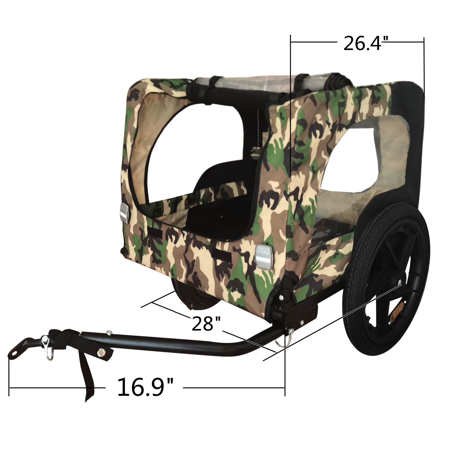 Camouflage pet stroller with large wheels and sturdy hitch perfect for outdoor adventures