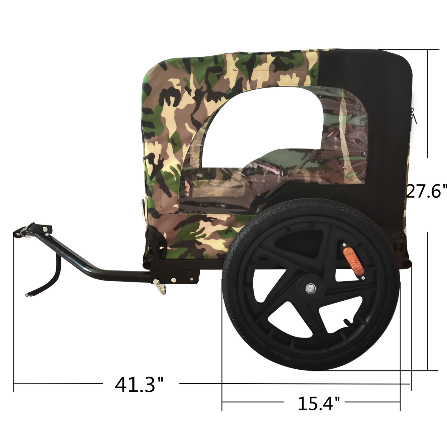 Camo print bicycle trailer with black wheel and hitch attachment