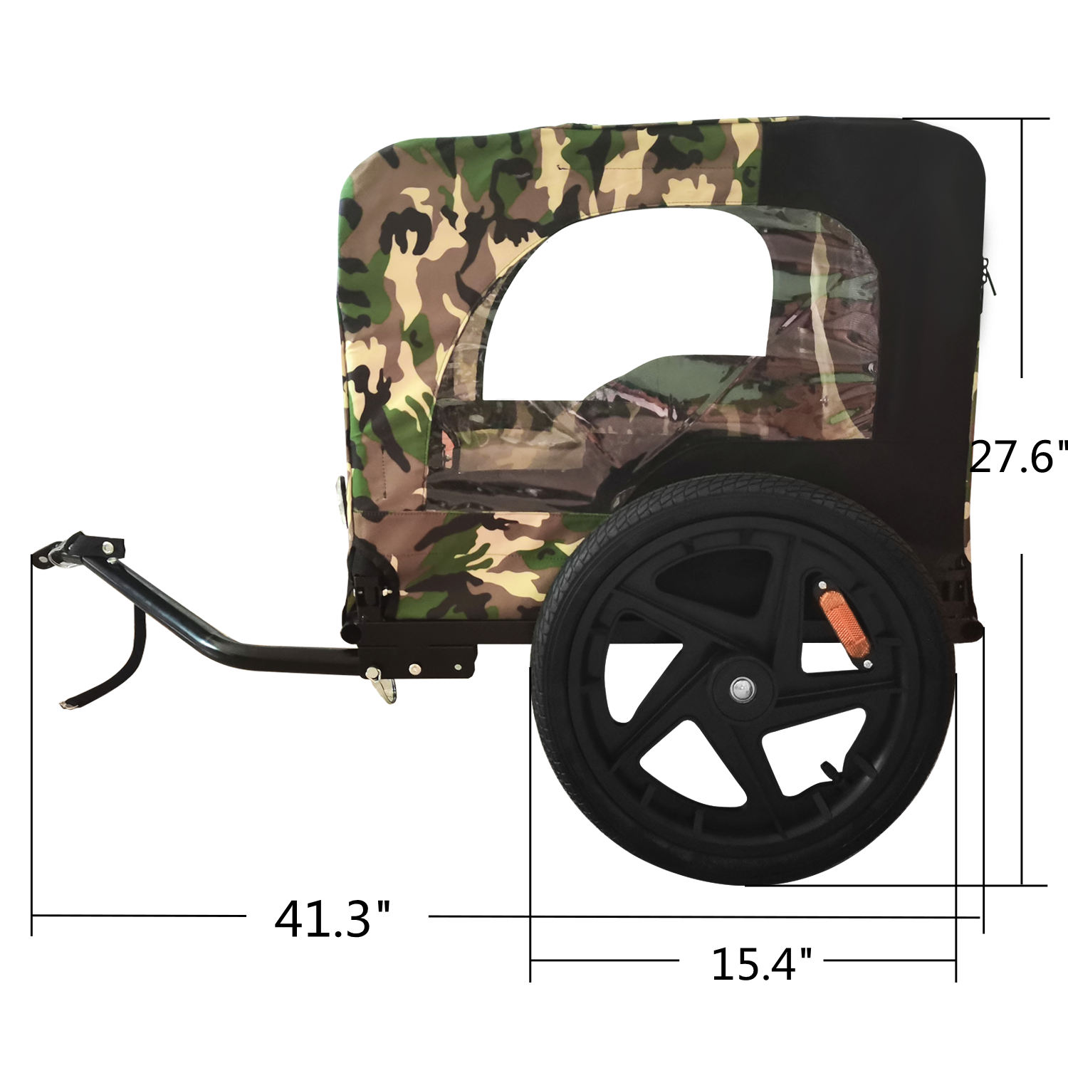 Camo print bicycle trailer with black wheel and hitch attachment