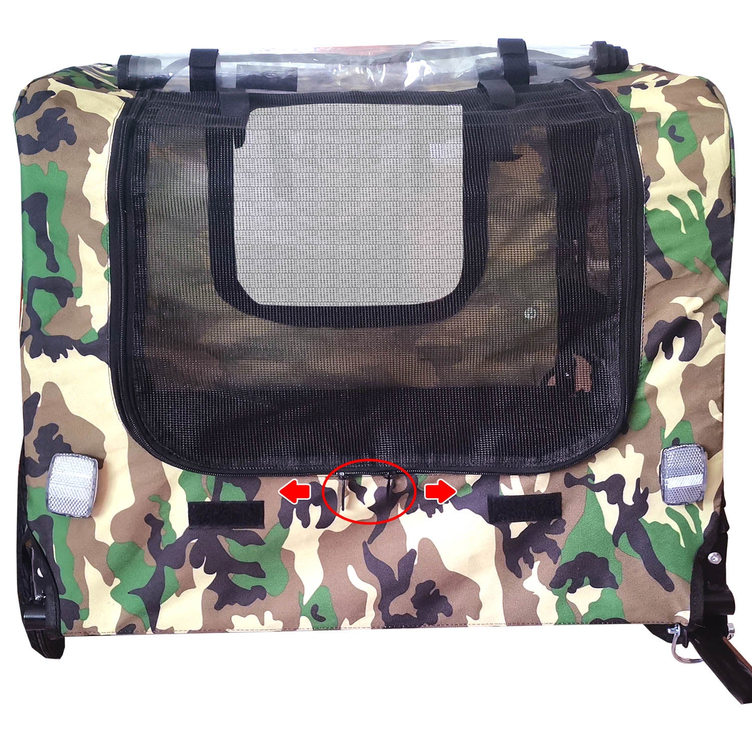 Camouflage pet carrier with mesh windows and adjustable straps ideal for travel