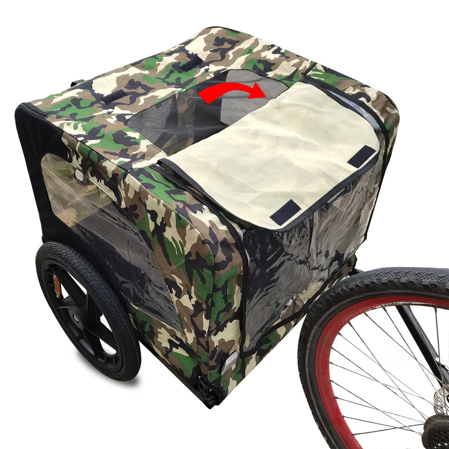 Camo pet trailer with mesh window and red arrow indicating opening mechanism