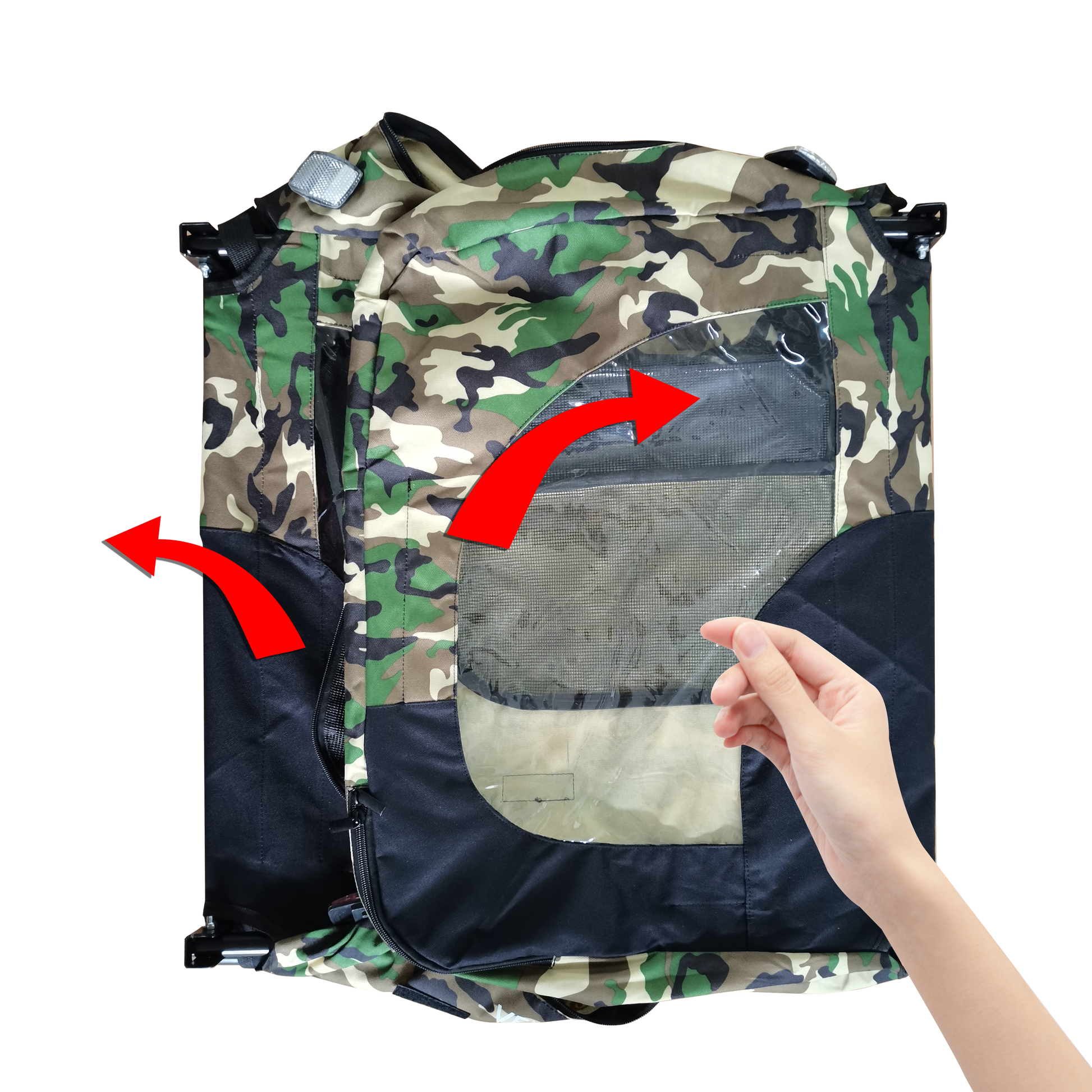 Camouflage backpack with mesh window and clear PVC panel ideal for outdoor gear