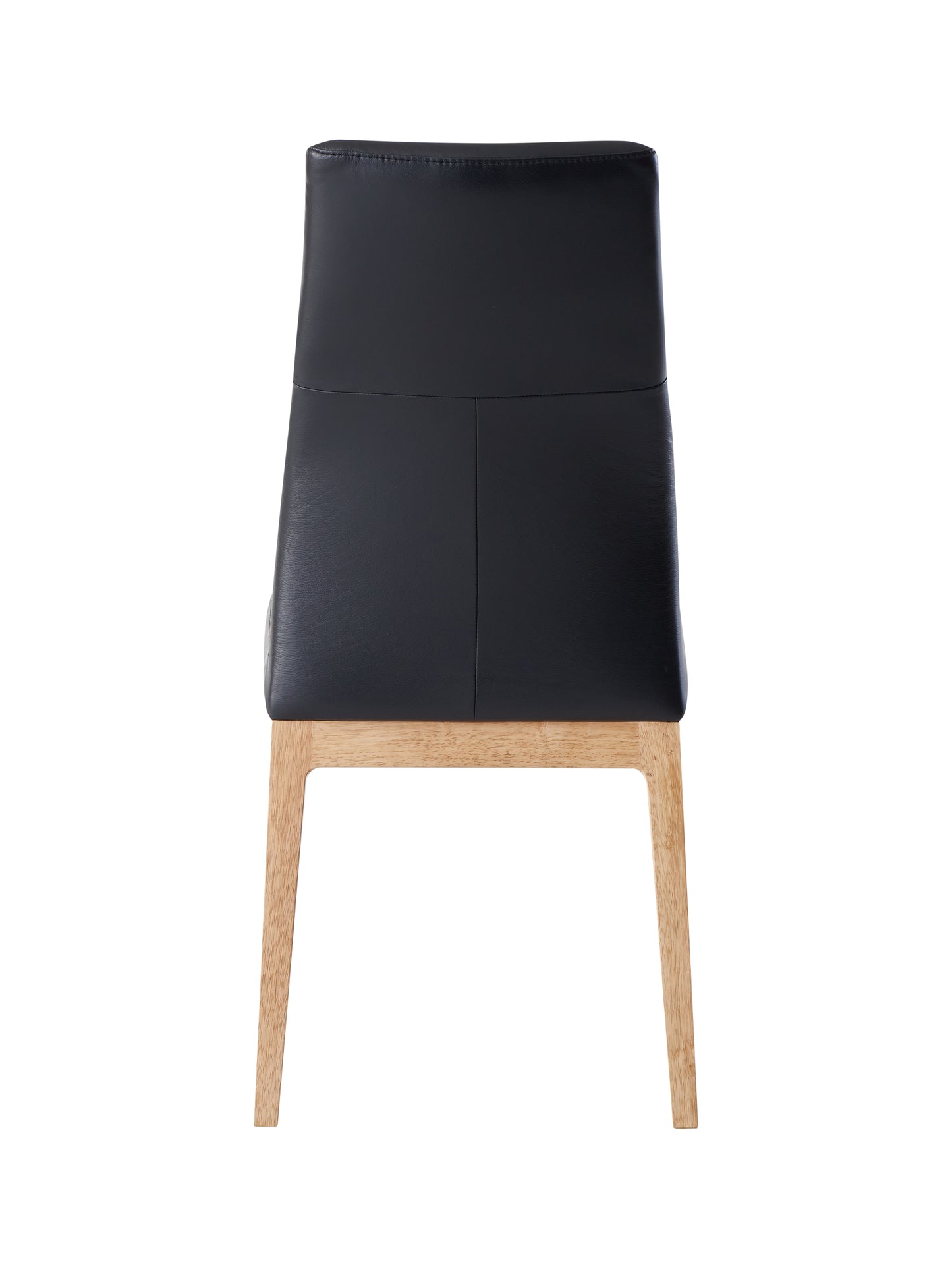 Back view of a modern black faux leather dining chair with light wood legs