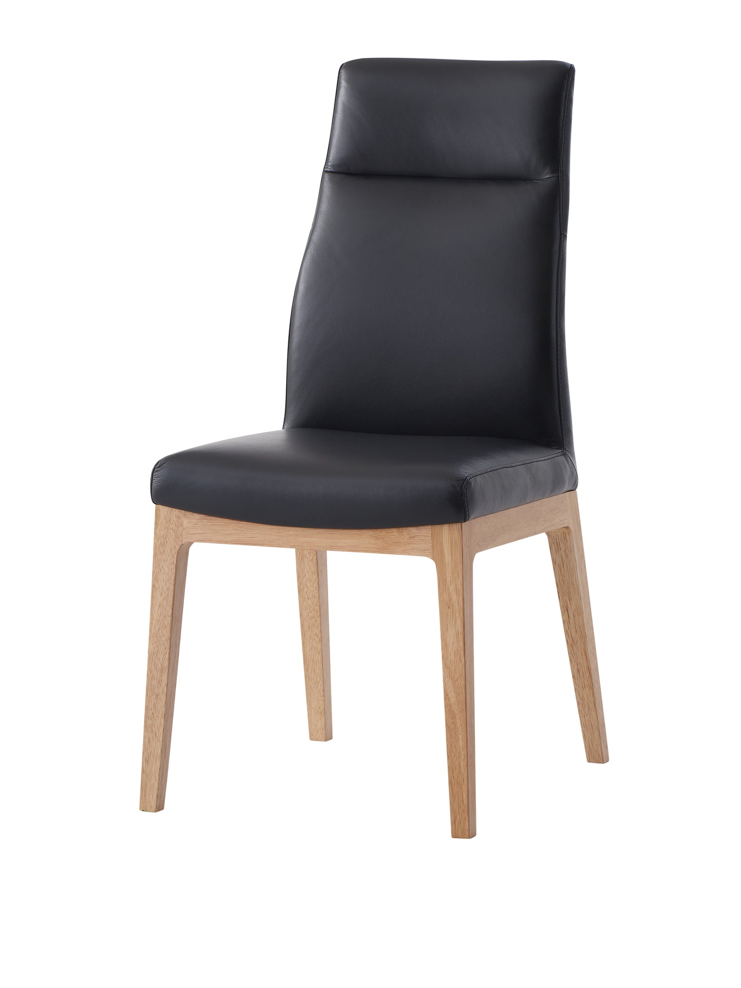 Black leather dining chair with natural wood legs
