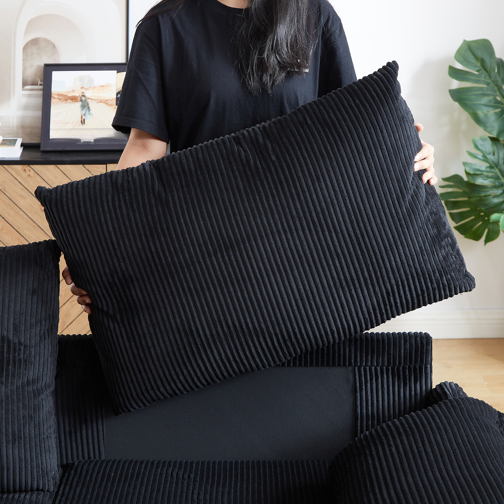 Black corduroy lumbar pillow for sofa accent soft texture and deep ribbed design