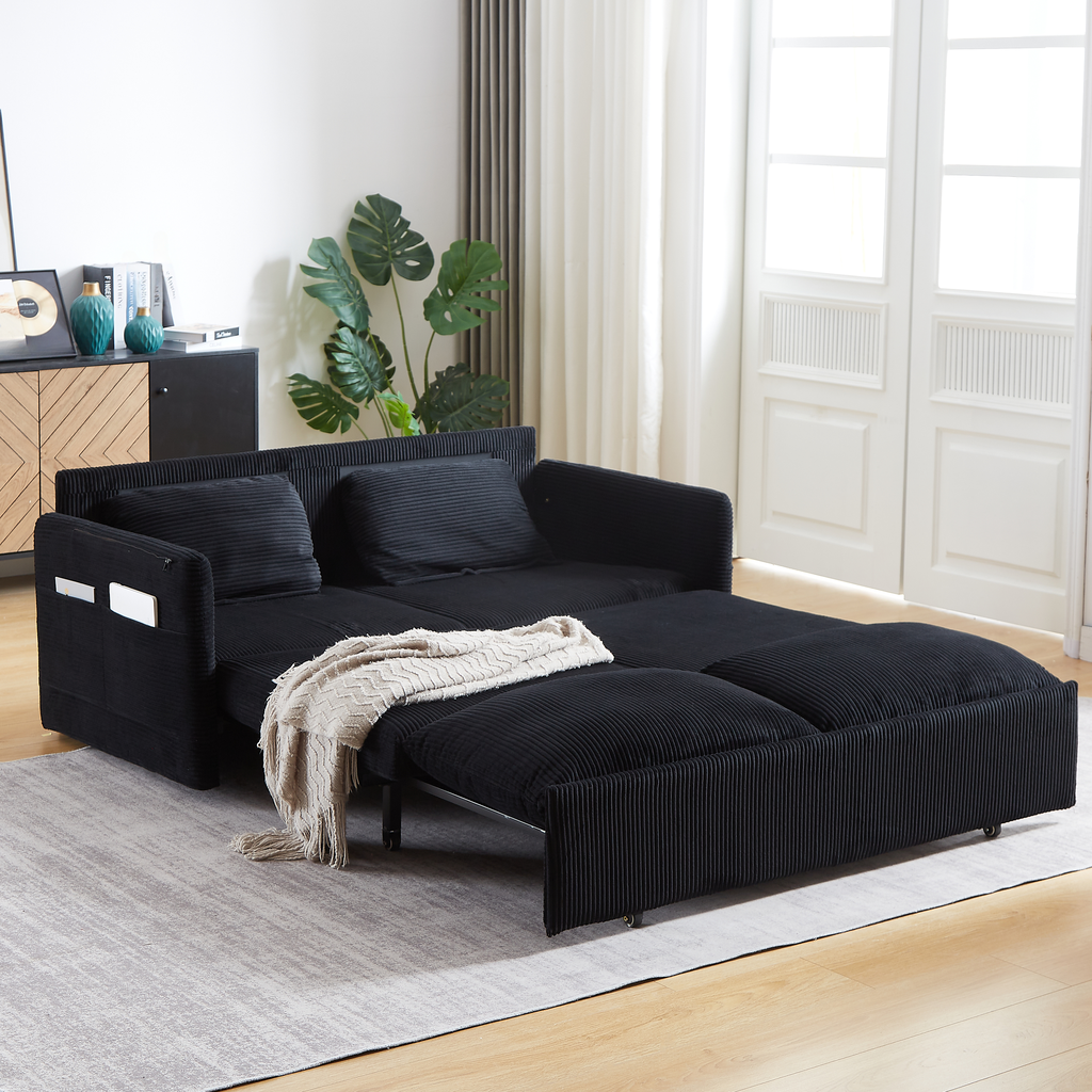 Black corduroy sleeper sofa with pullout bed perfect for small spaces