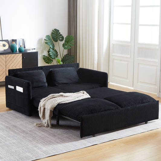 Black corduroy sleeper sofa with pullout bed perfect for small spaces