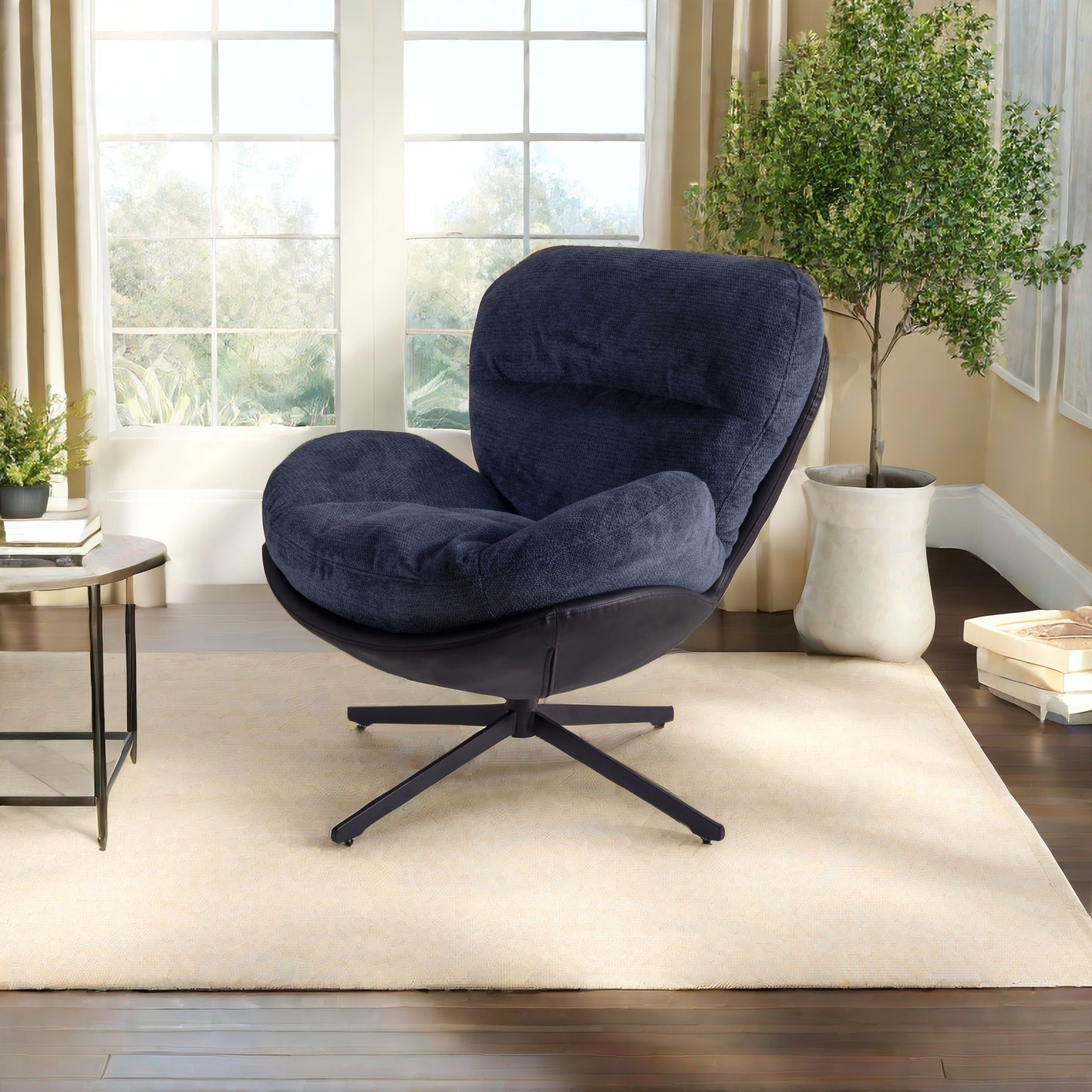 Dark navy corduroy accent chair with black leather base swivel style for modern living room seating