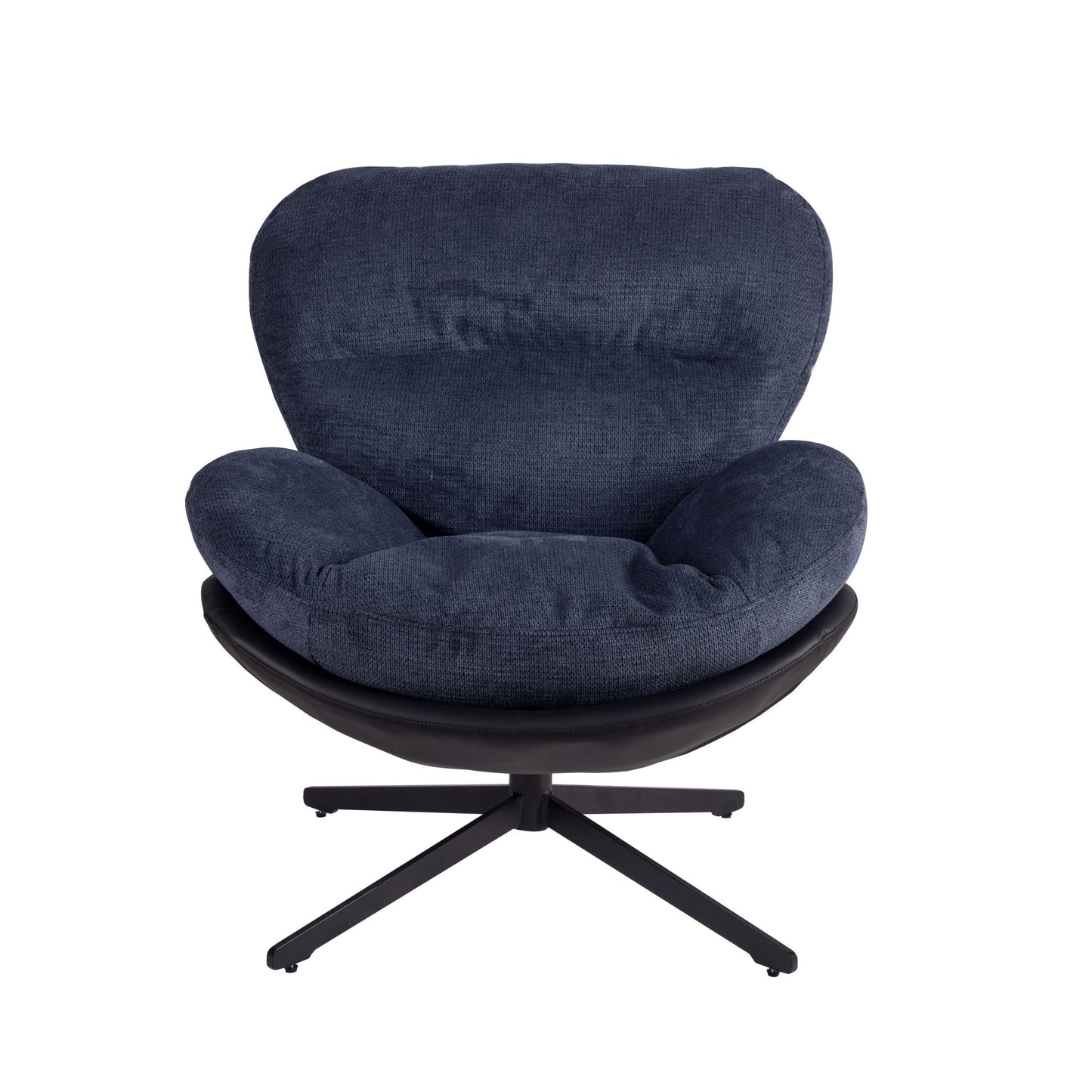 Comfortable dark blue fabric armchair with black leather base and swivel stand
