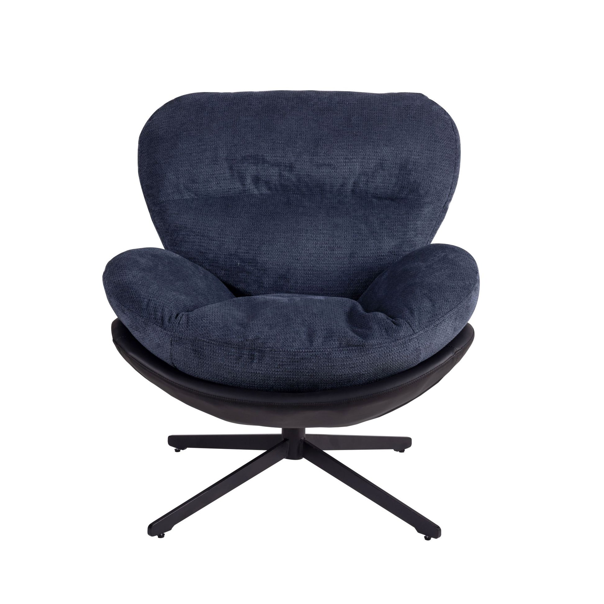 Comfortable dark blue fabric armchair with black leather base and swivel stand