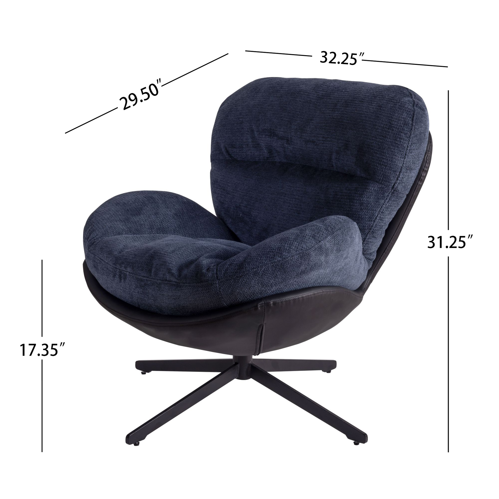 Plush navy fabric swivel accent chair with black leather base and metal star legs