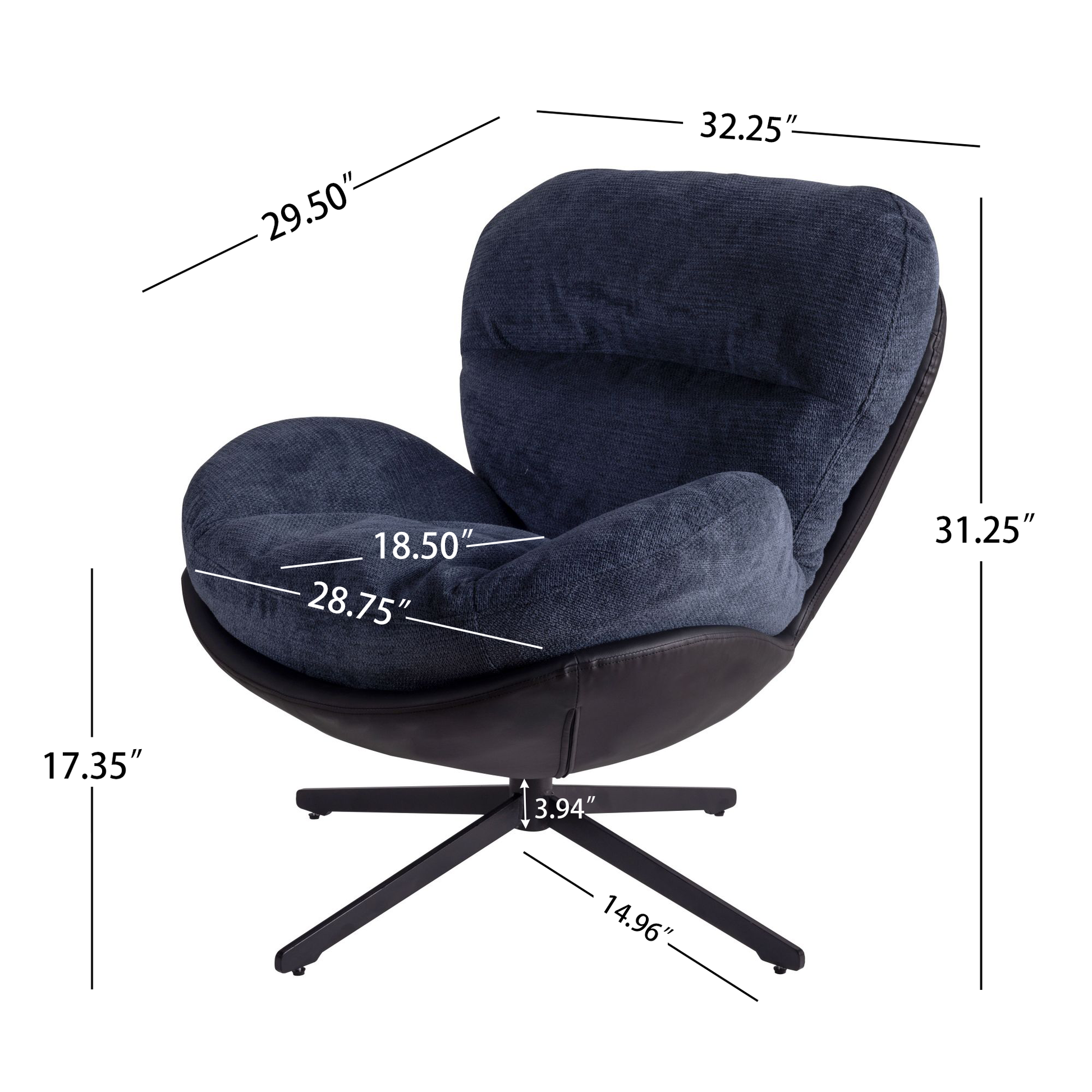 Navy blue fabric accent chair with swiveling base and plush cushioning perfect for modern living rooms