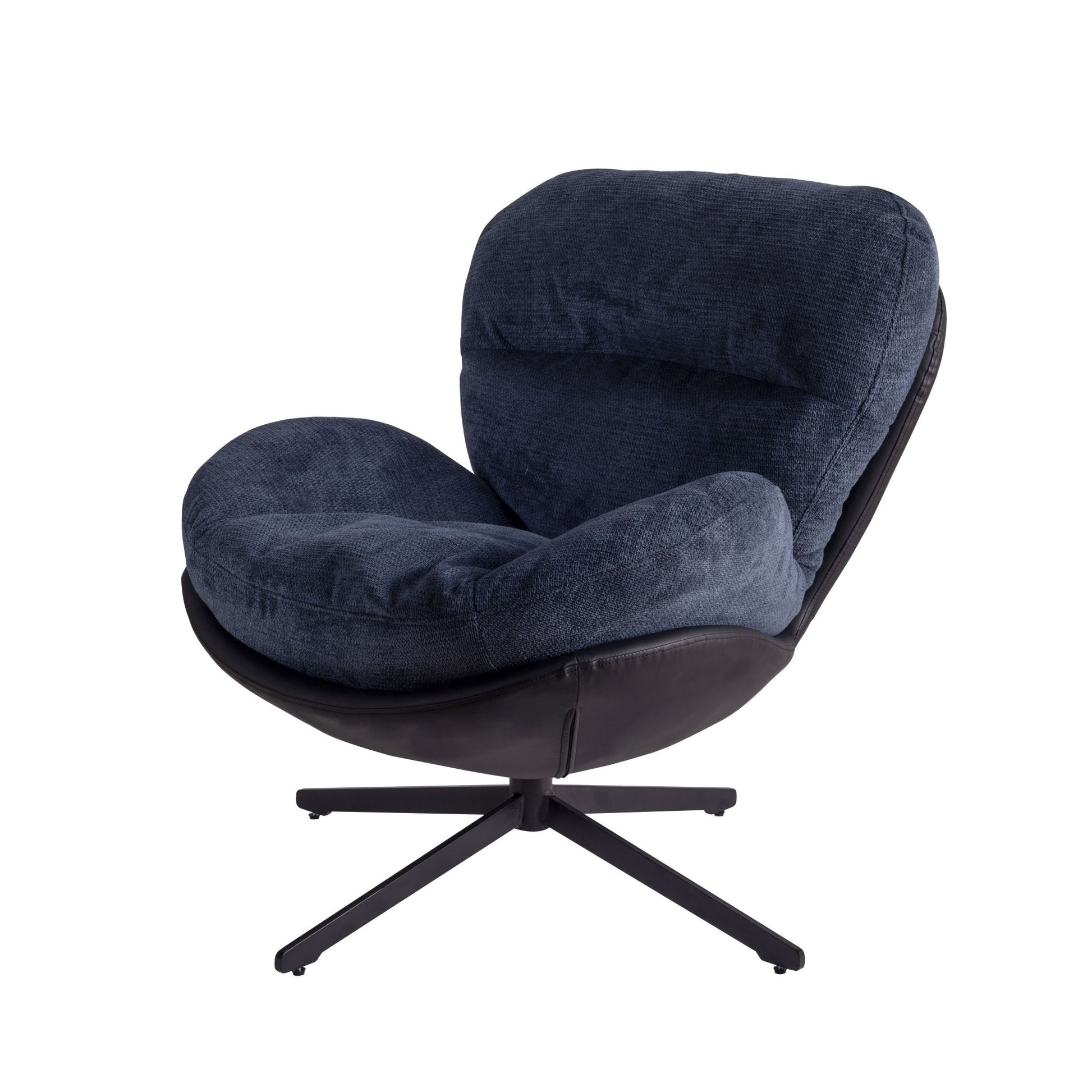 Modern swivel accent chair with plush navy fabric upholstery and black leather base