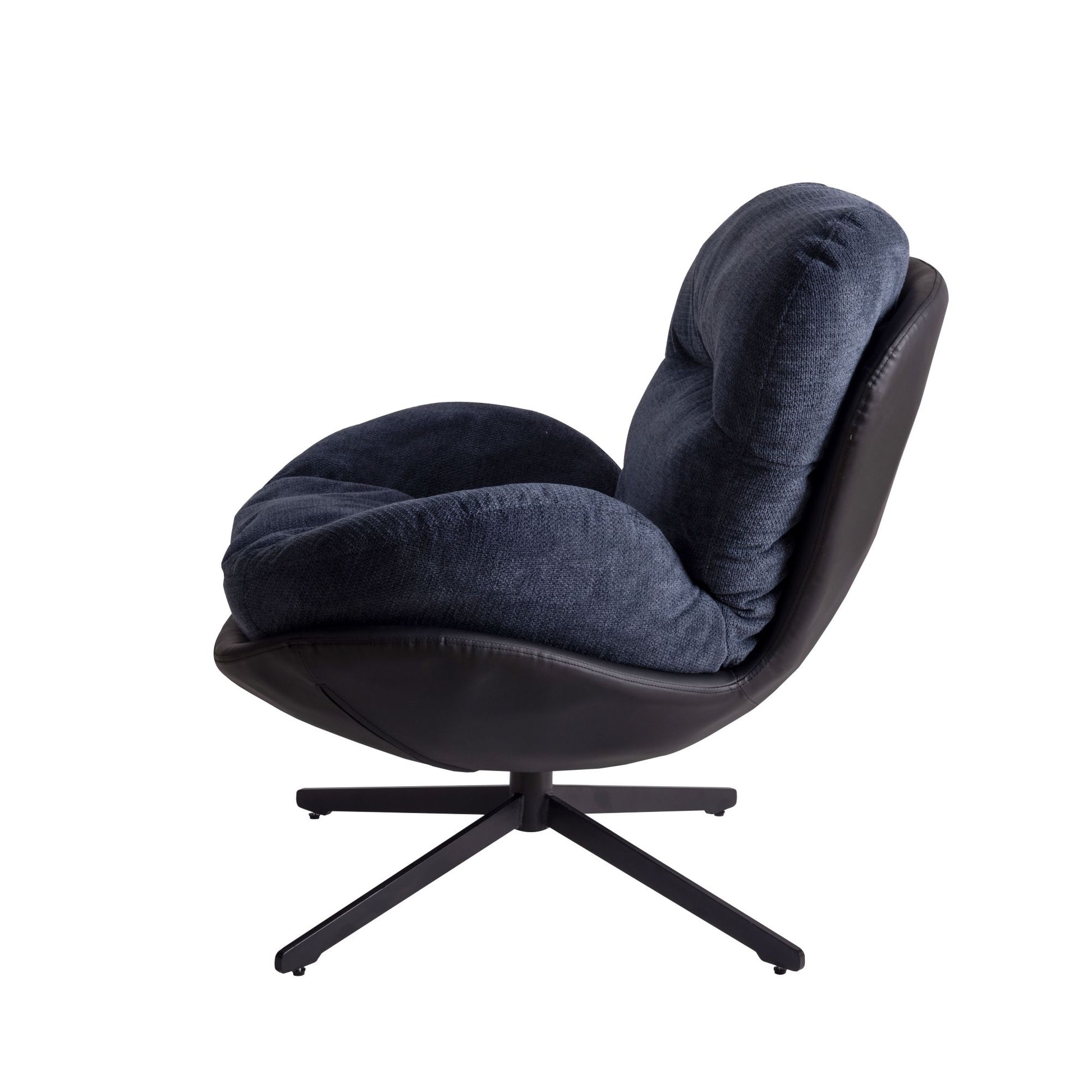 Plush navy fabric accent chair with a sleek black leather base and swivel legs