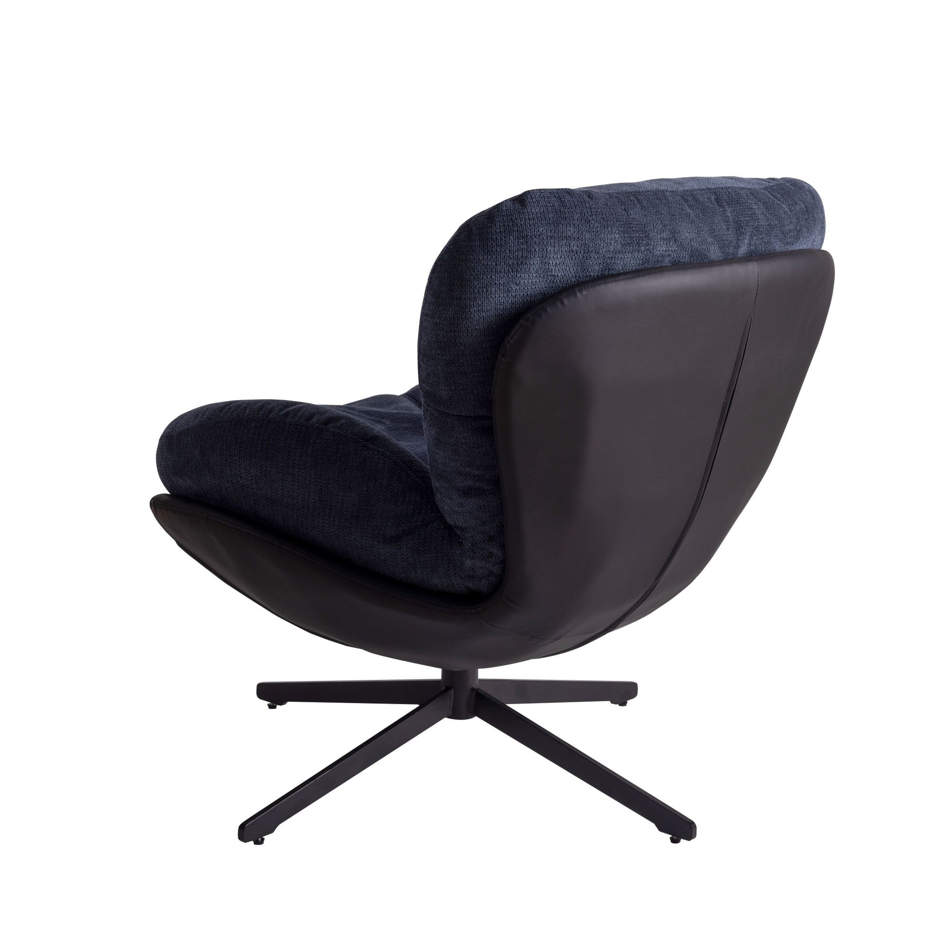 Dark blue upholstered accent chair with black leather back and swivel base