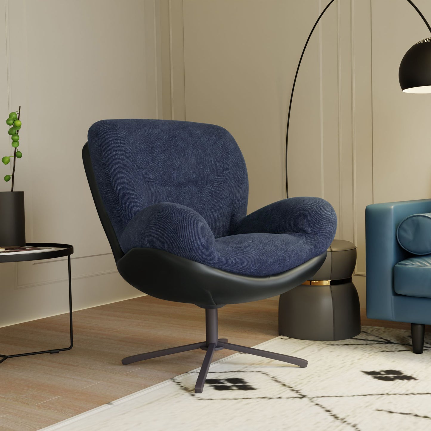 Deep blue fabric accent chair with a swivel base and black faux leather accents
