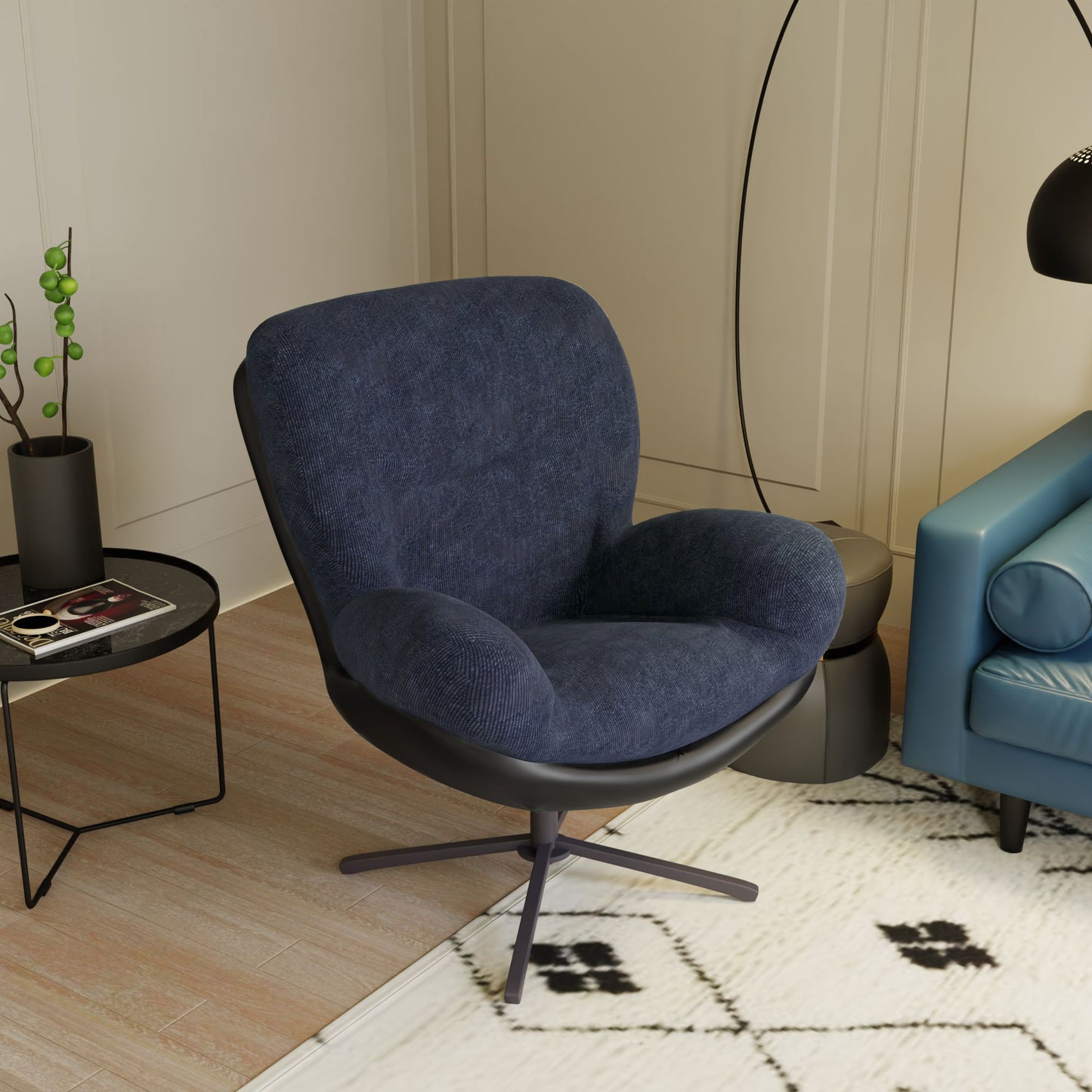 Plush navy blue fabric armchair with swivel base for modern living rooms