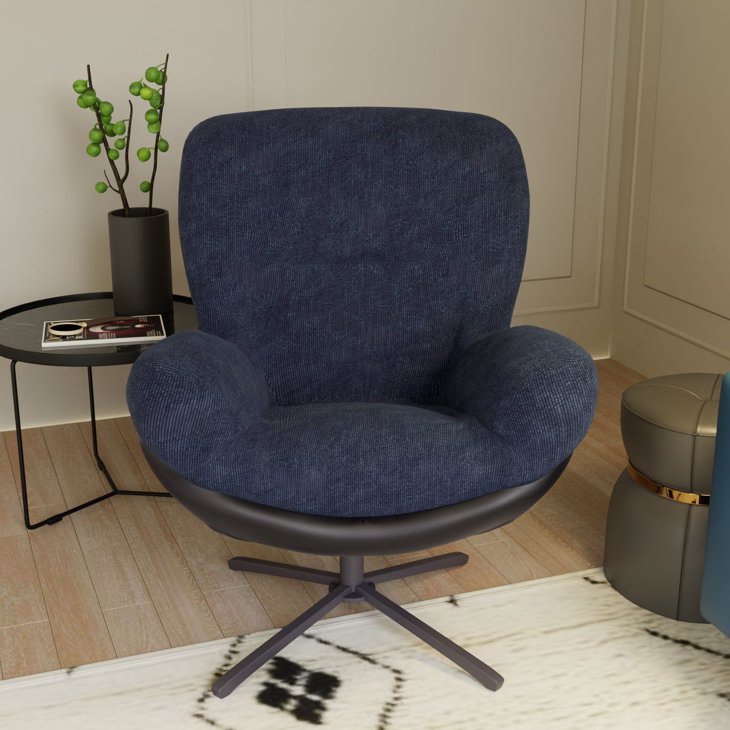 Comfortable swivel accent chair in textured navy blue fabric with a dark base
