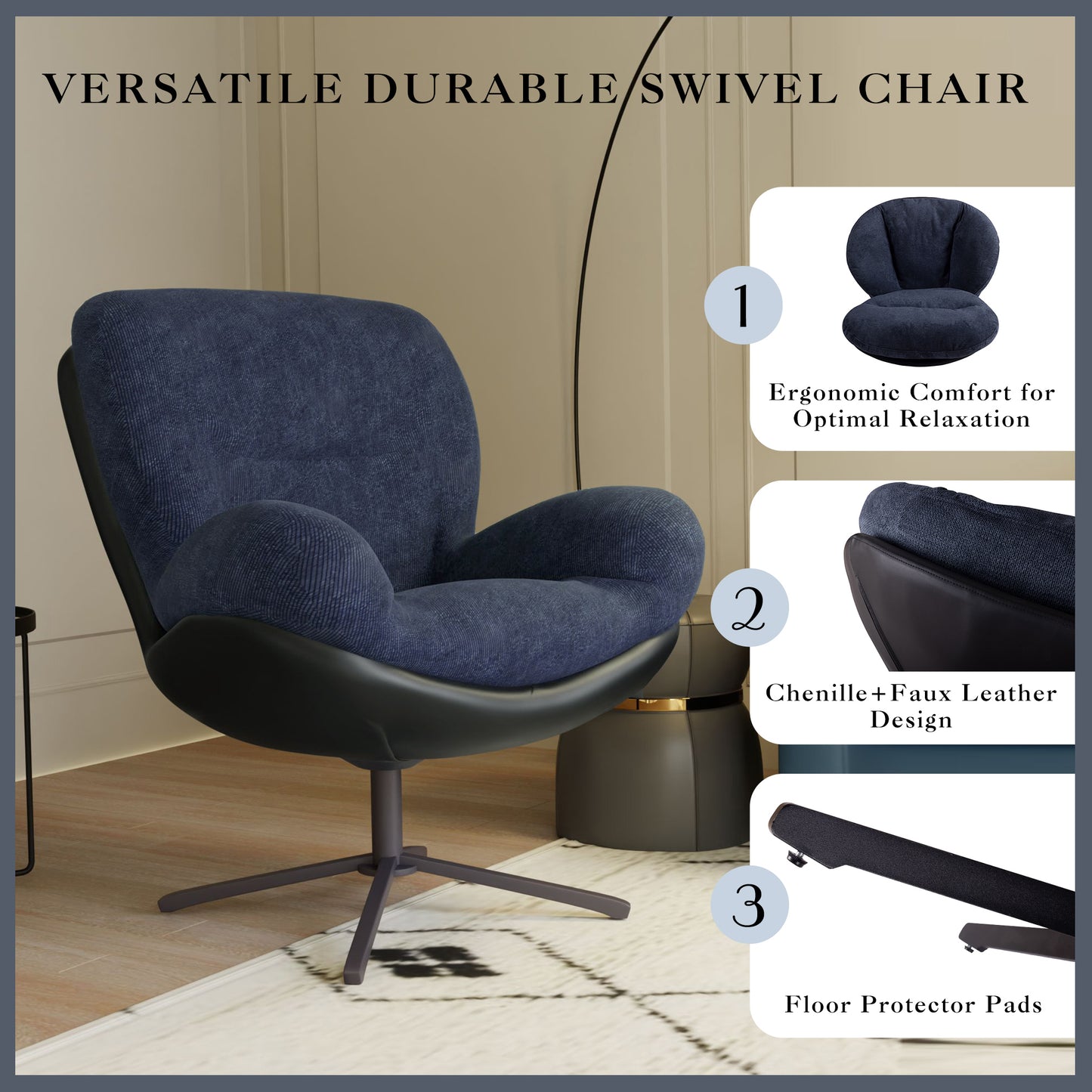 Navy chenille swivel chair with dark faux leather base and ergonomic design