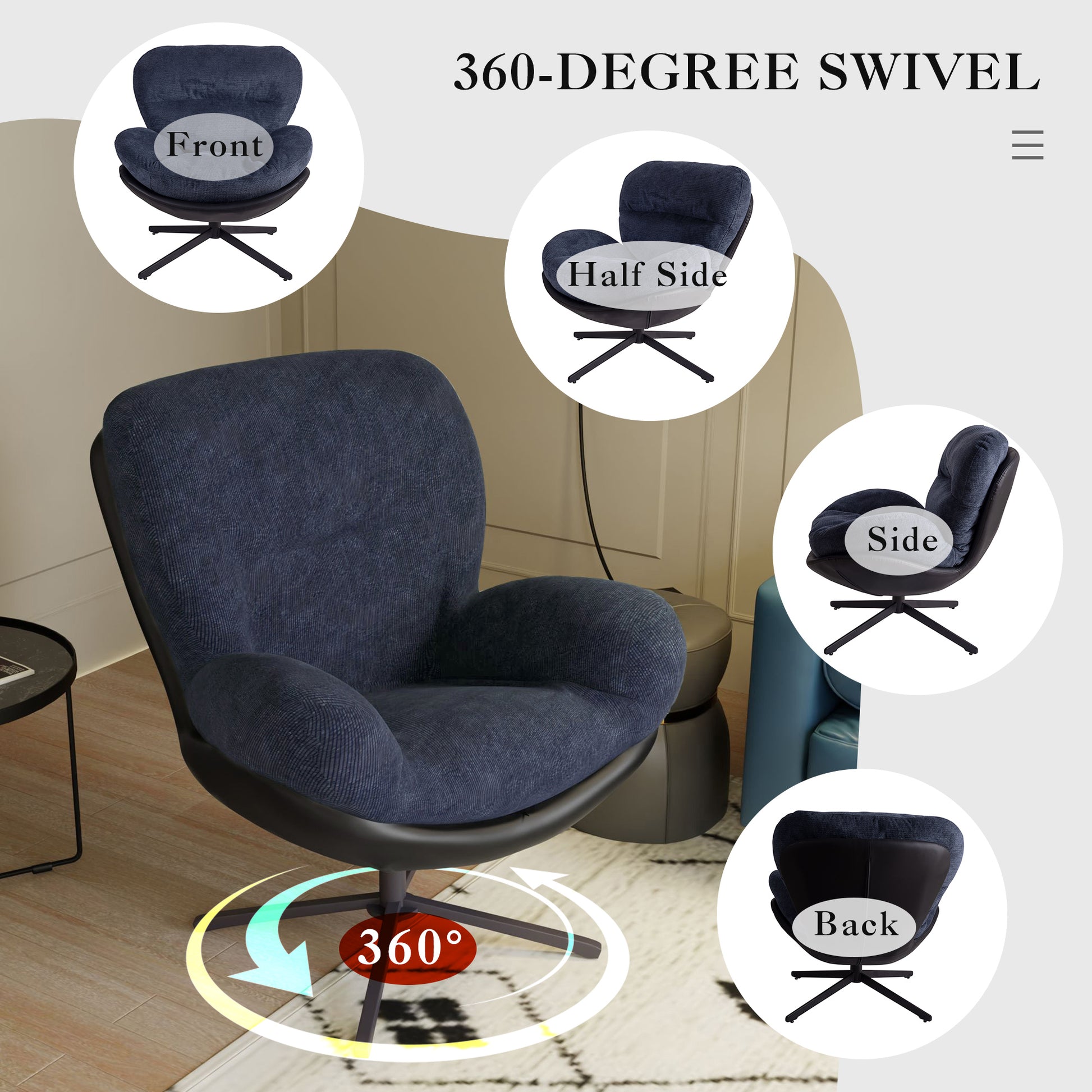 Navy blue upholstered armchair with black leather accents and a swivel base