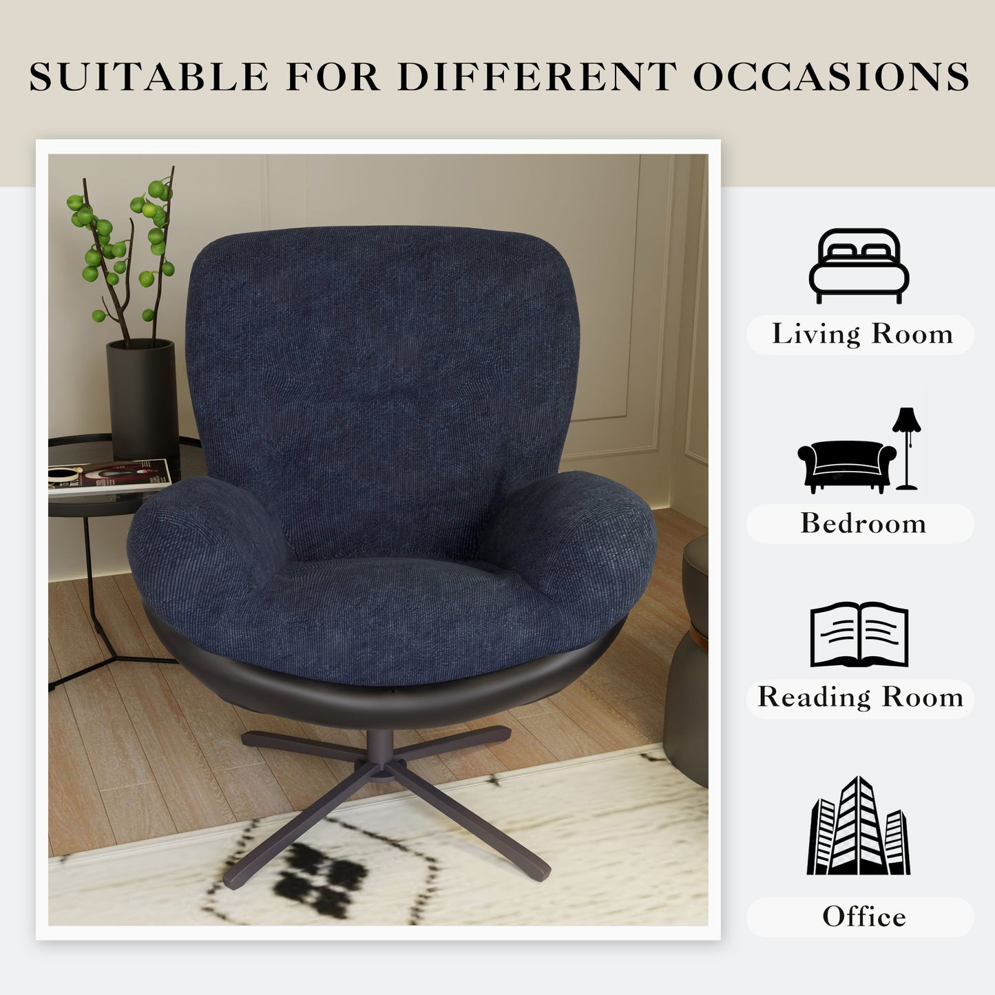 Navy upholstered accent chair with dark swivel base and padded arms